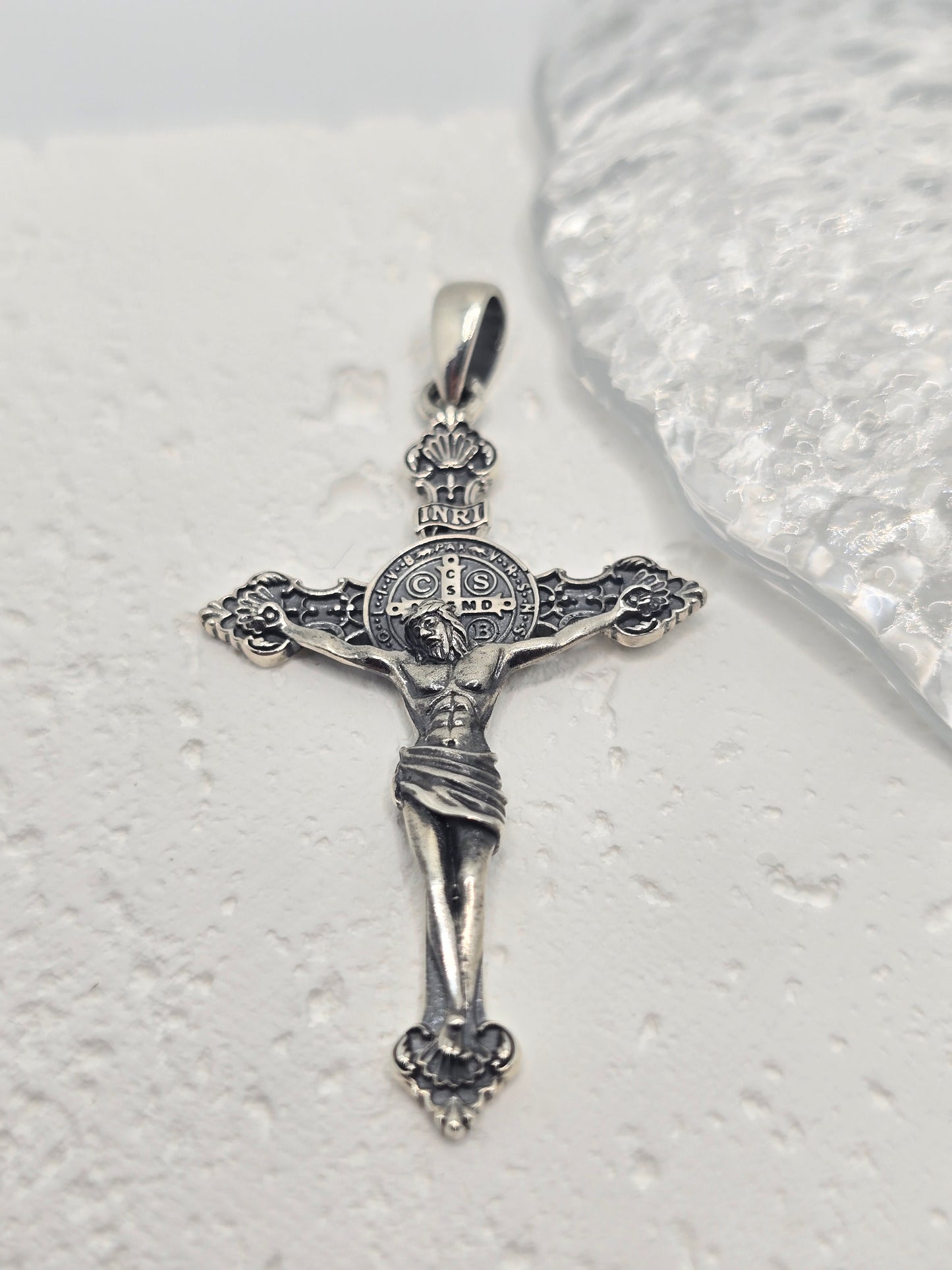 Saint Benedict Cross 925 Sterling Silver Jesus Crucifix Catholic Pendant