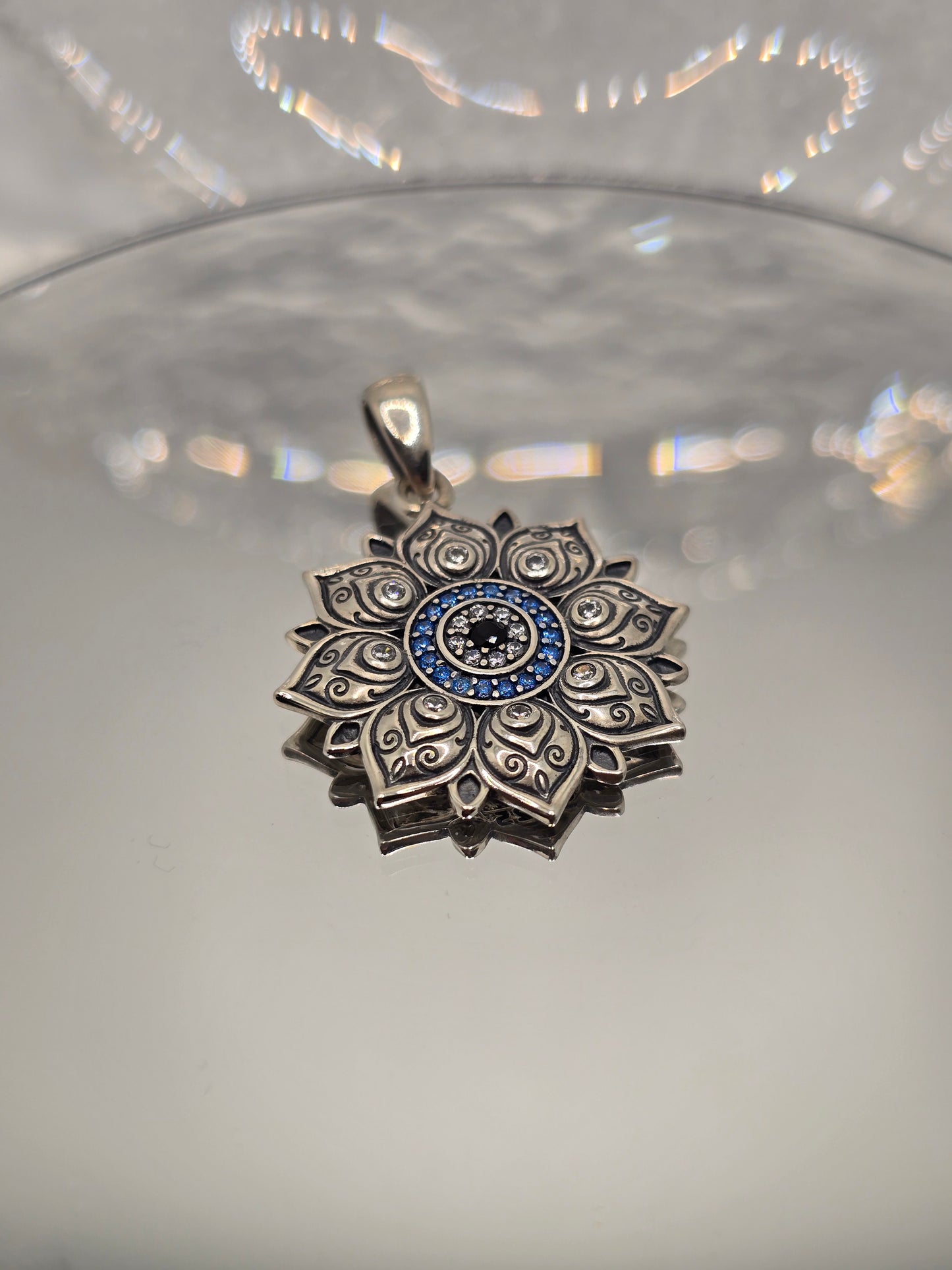 Lotus Evil Eye 925 Sterling Silver Pendant Blue Stone Protective Amulet