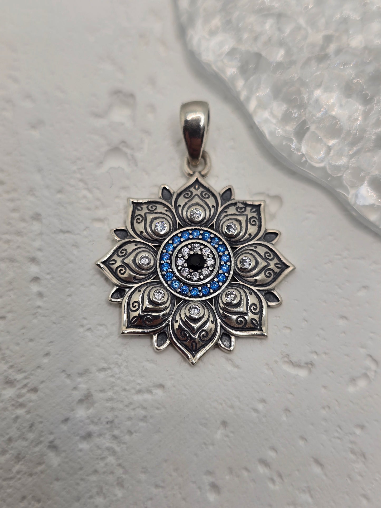 Lotus Evil Eye 925 Sterling Silver Pendant Blue Stone Protective Amulet