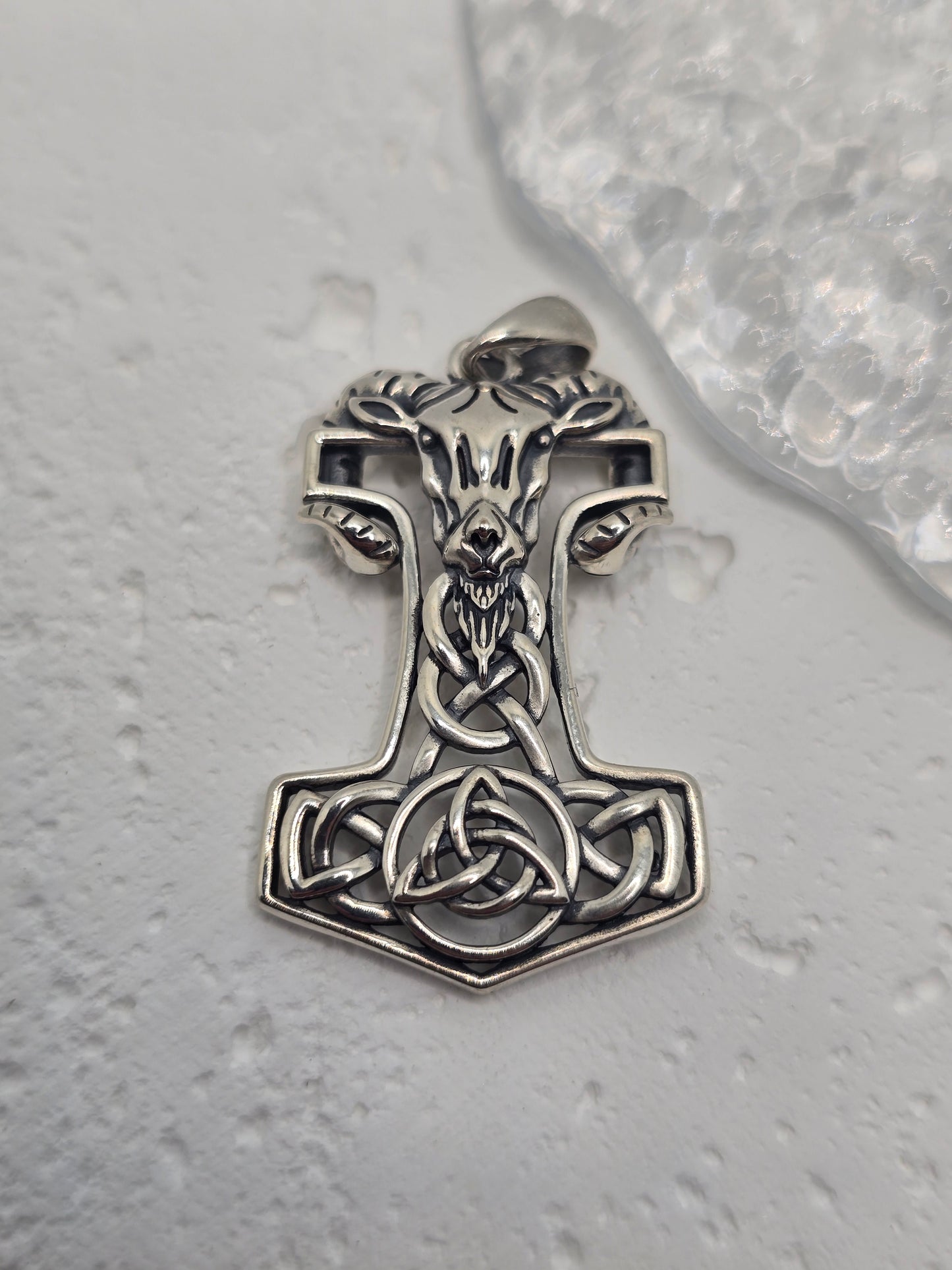 Thor's Hammer Mjolnir 925 Sterling Silver Pendant Goat Runes Celtic Knot