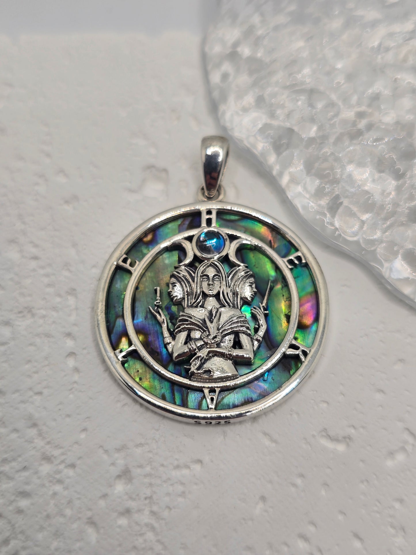 Triple Moon Goddess 925 Sterling Silver Abalone Shell Pendant Wiccan Pagan