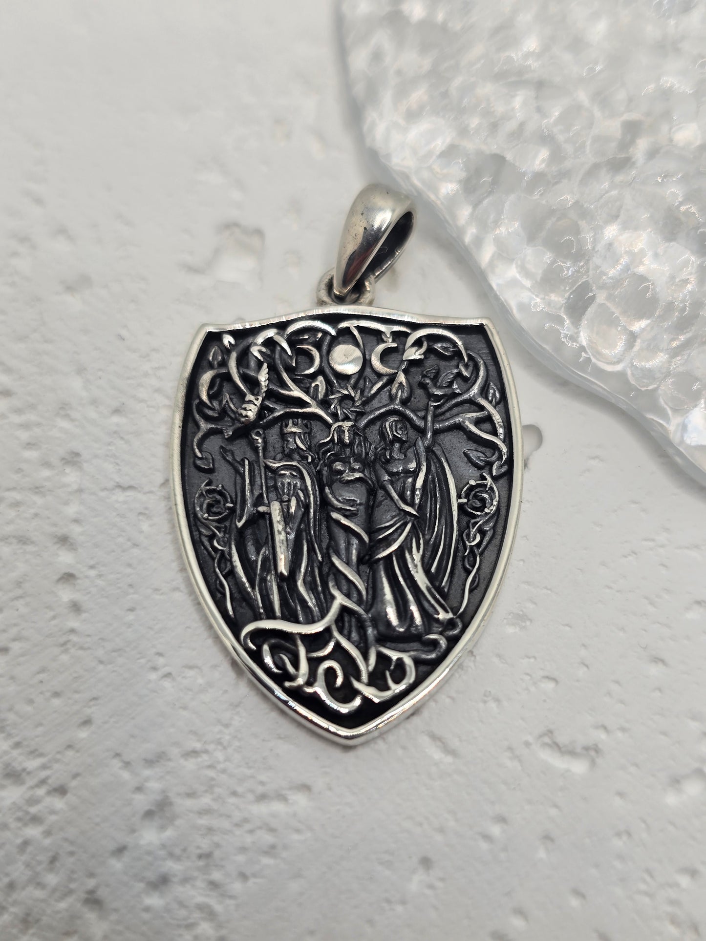 Hecate Triple Moon Goddess 925 Sterling Silver Shield Amulet Pendant