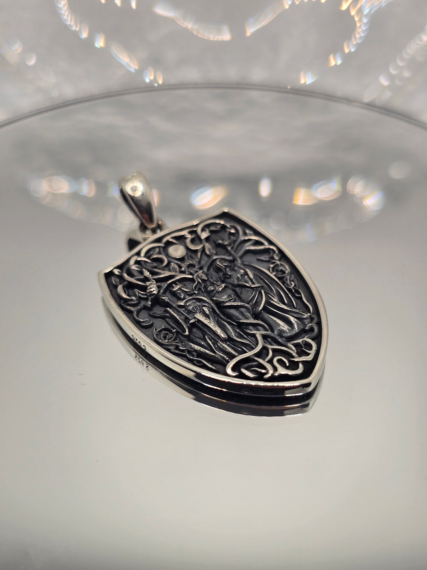 Hecate Triple Moon Goddess 925 Sterling Silver Shield Amulet Pendant