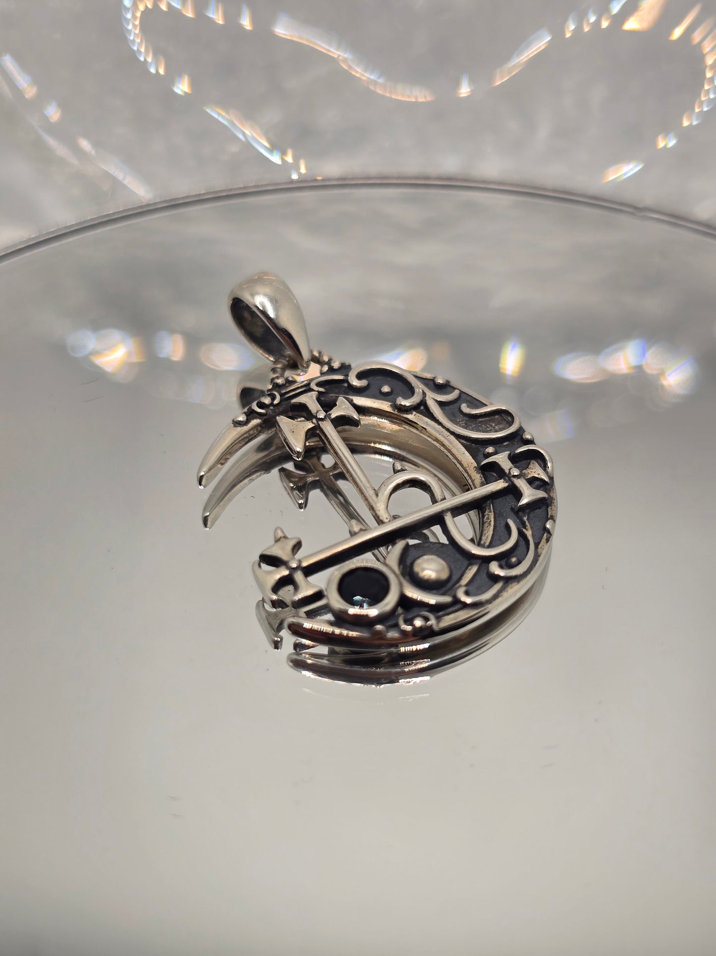 Lilith Moon Sigil 925 Sterling Silver Pendant Black Gem Crescent Wiccan