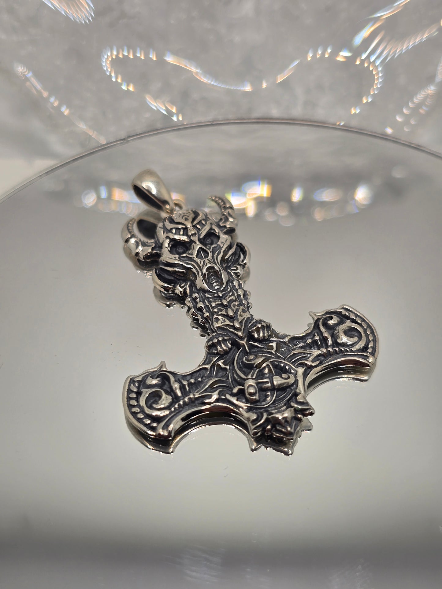 Thor's Hammer Mjolnir 925 Sterling Silver Skull Rune Skeleton Viking Pendant