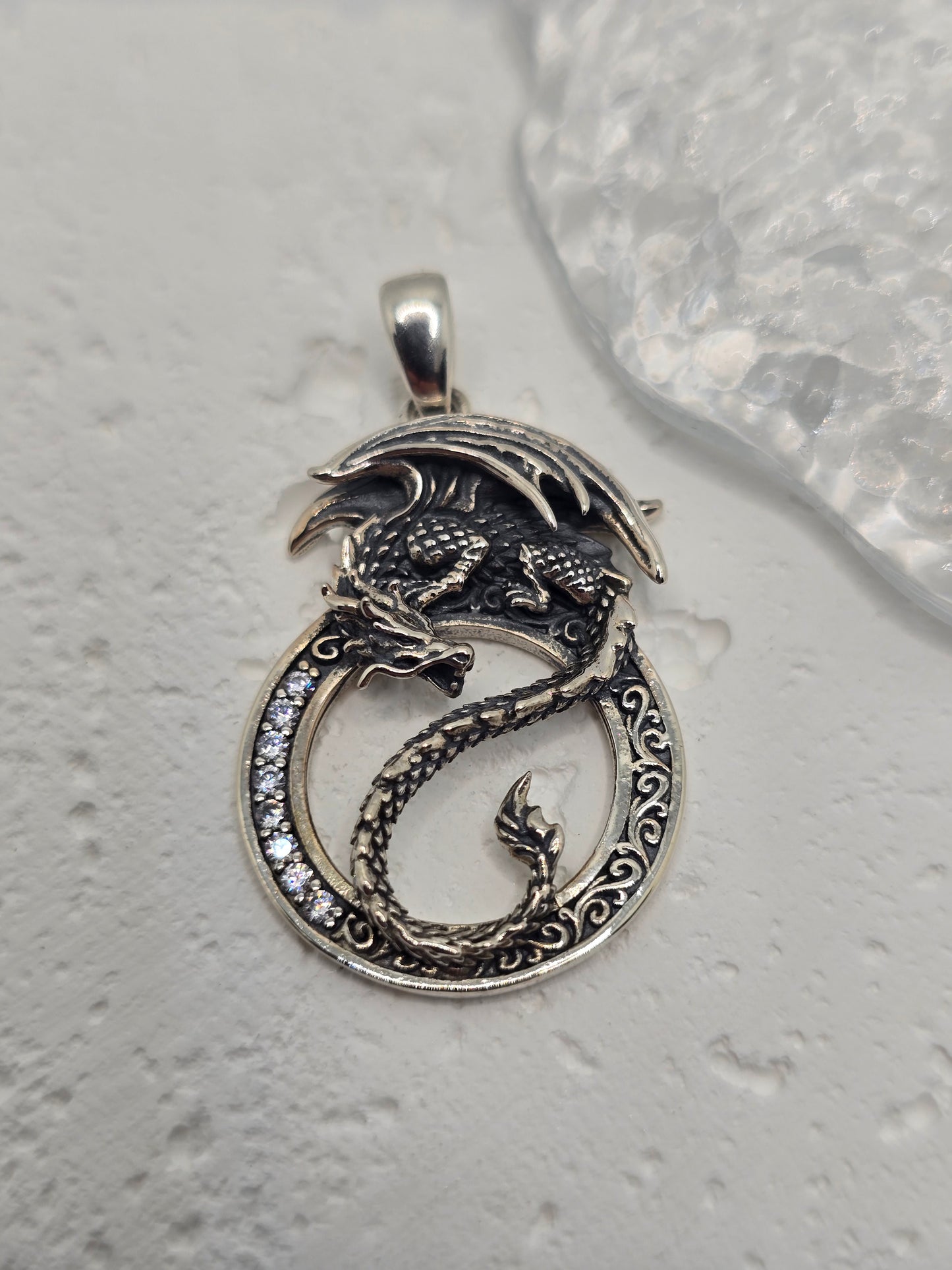 Dragon Yin Yang 925 Sterling Silver Pendant Crystal Accents Balance Amulet
