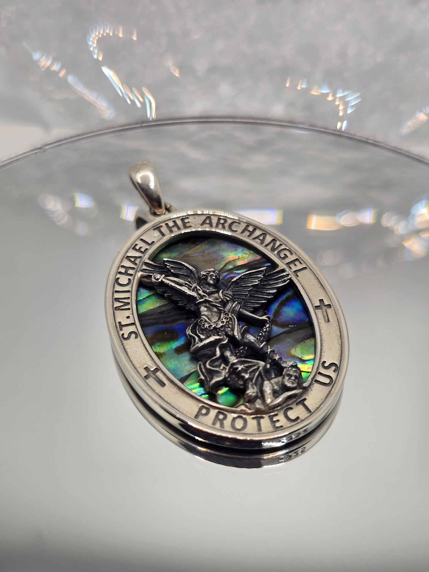 Saint Michael Archangel 925 Sterling Silver Shell Inlay Pendant Catholic Amulet