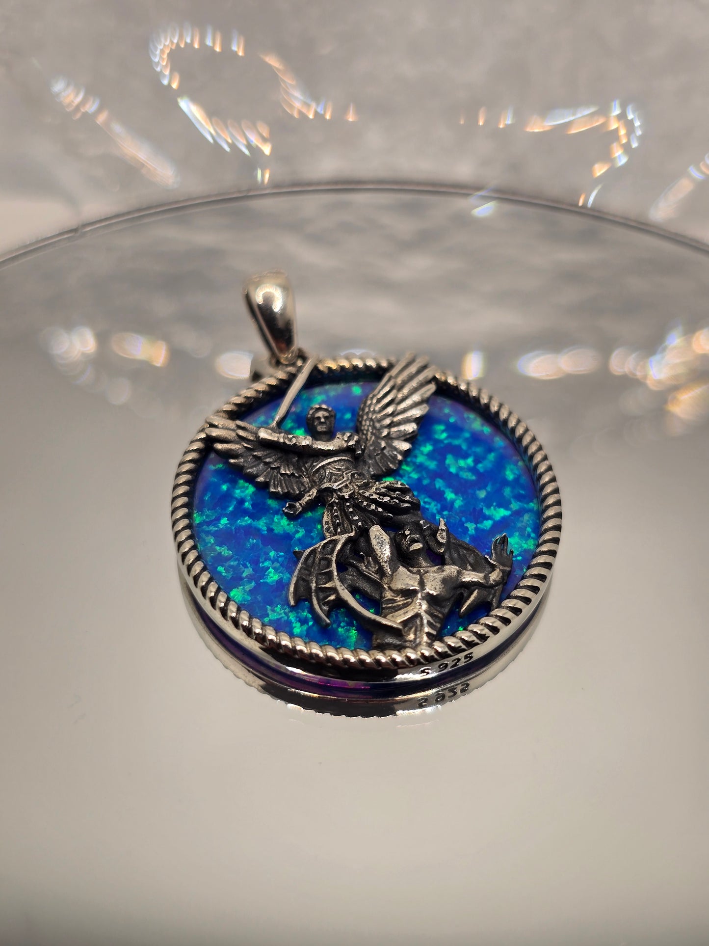 Saint Michael Archangel 925 Sterling Silver Opal Inlay Angel Pendant Catholic
