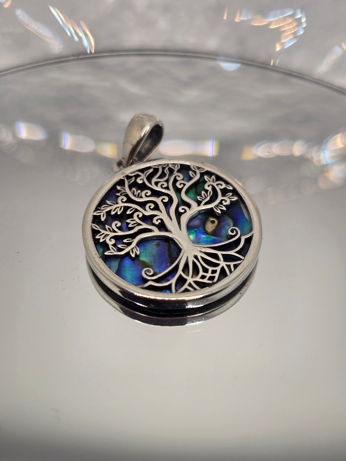 Tree of Life 925 Sterling Silver Abalone Shell Pendant Iridescent Inlay