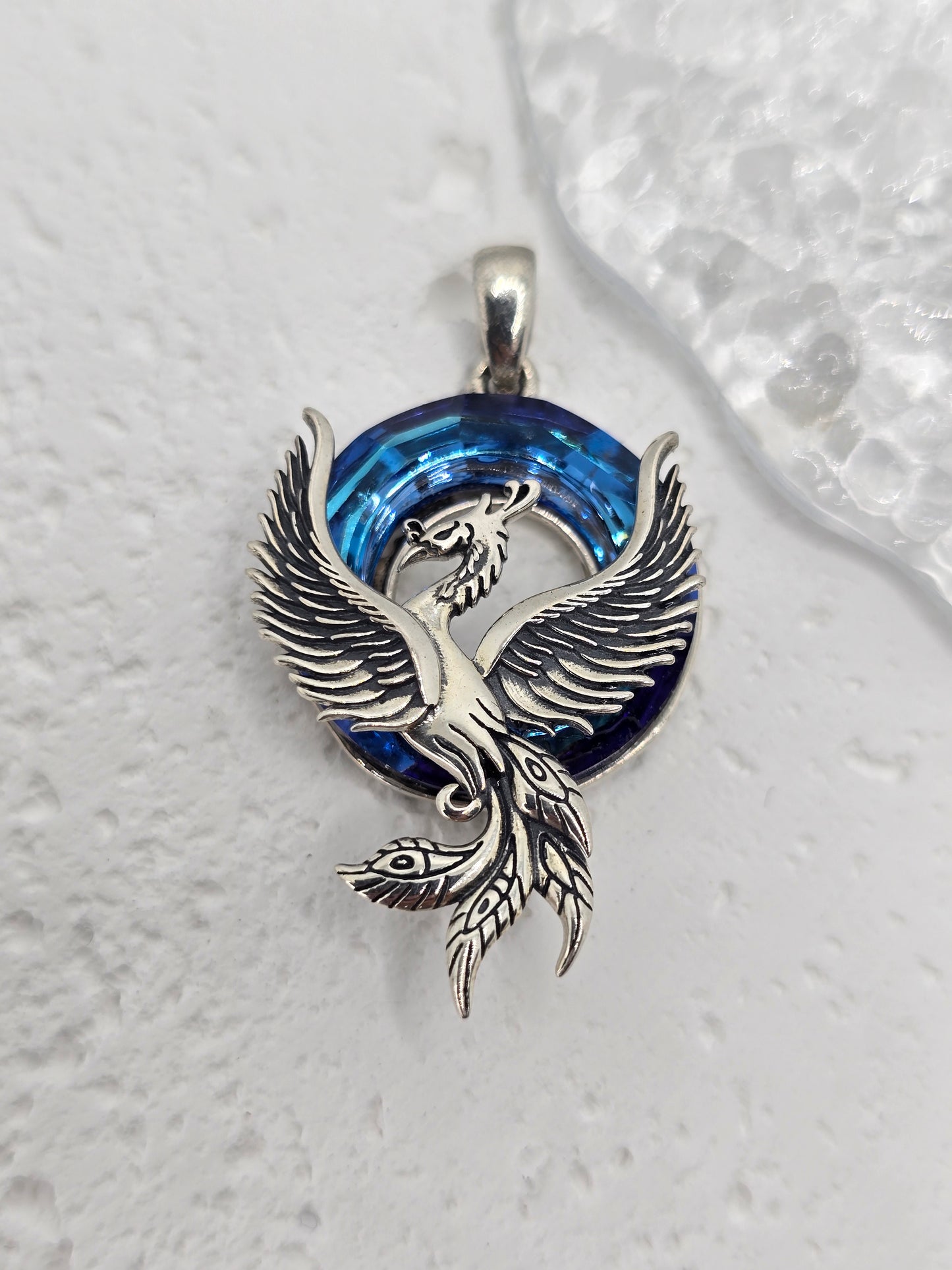 Phoenix 925 Sterling Silver Blue Crystal Halo Pendant Rebirth Talisman