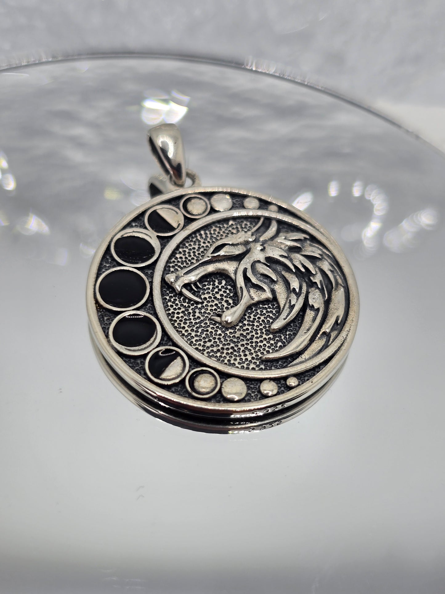 Moon Phase Dragon Wolf 925 Sterling Silver Black Onyx Pendant Amulet