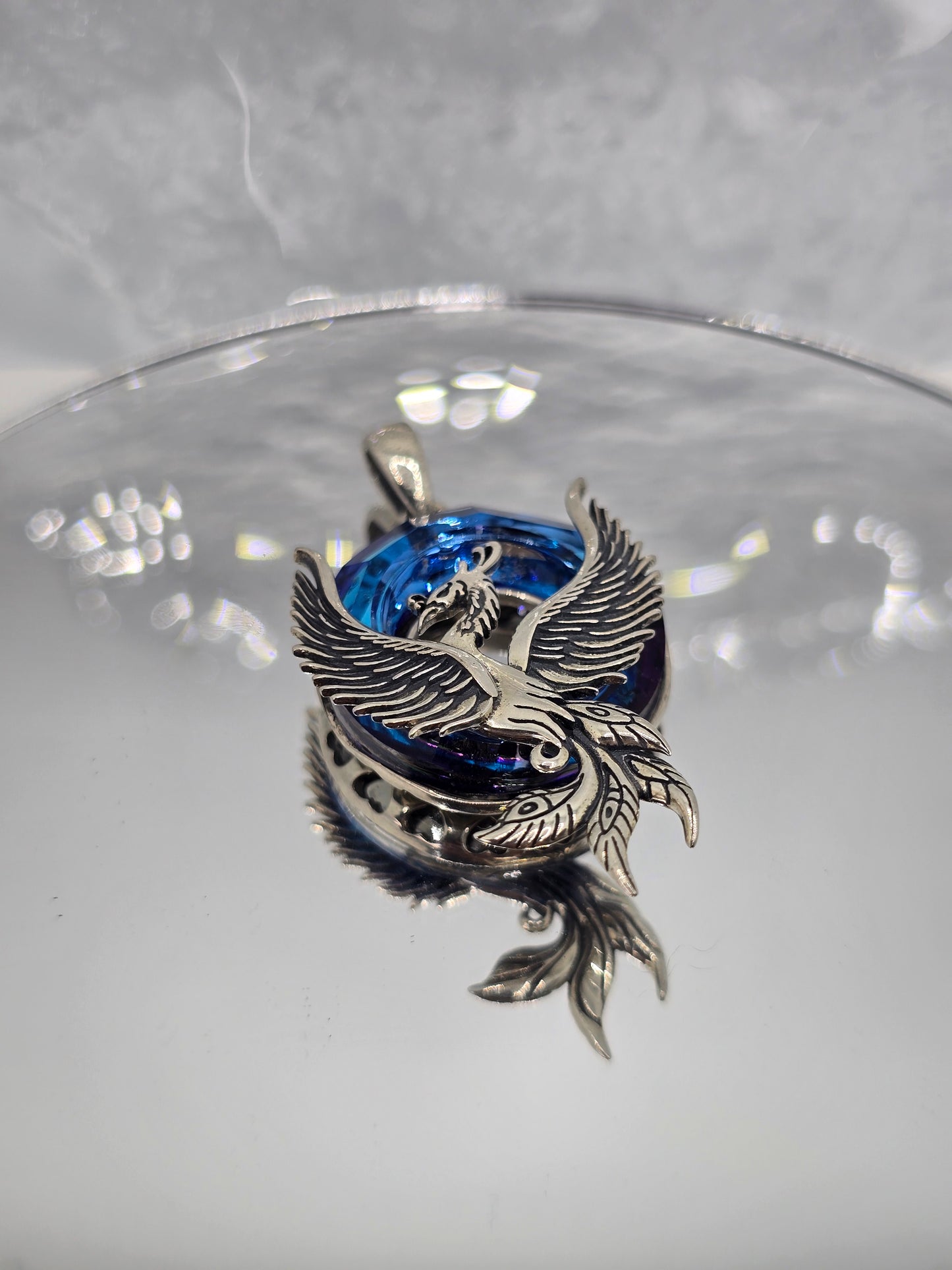 Phoenix 925 Sterling Silver Blue Crystal Halo Pendant Rebirth Talisman