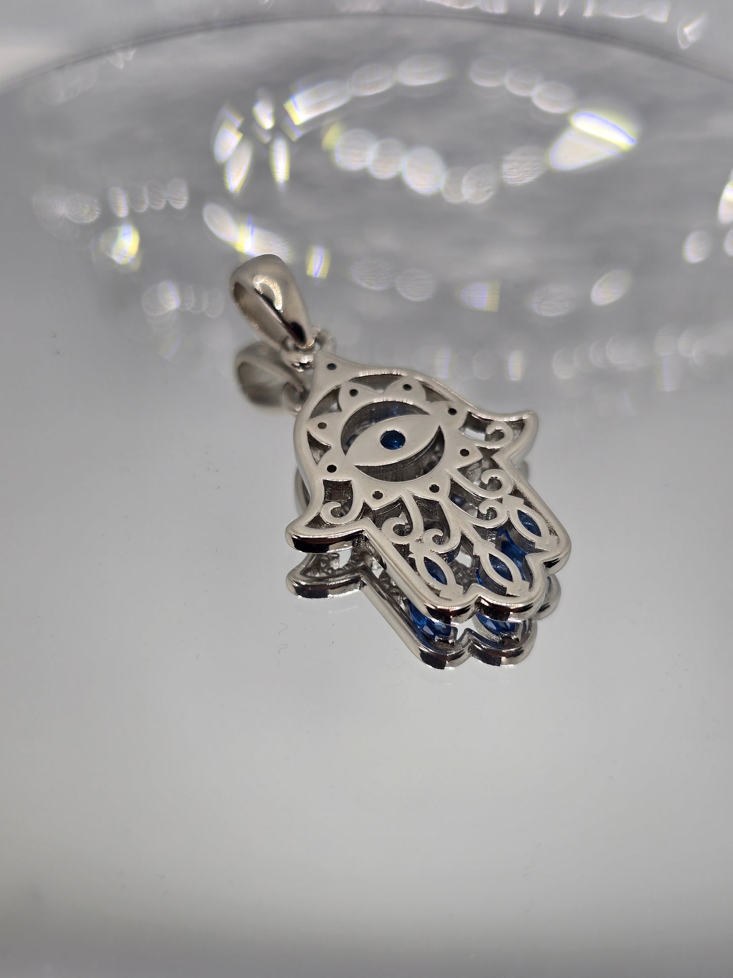 Hamsa Hand Pendant with Blue Evil Eye Crystal for Protection and Good Fortune 925 Sterling Silver