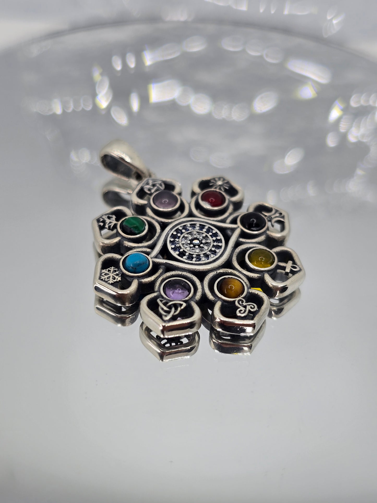 Hecate Lotus Evil Eye Pentagram 925 Sterling Silver Pendant Wiccan Multi-Gem