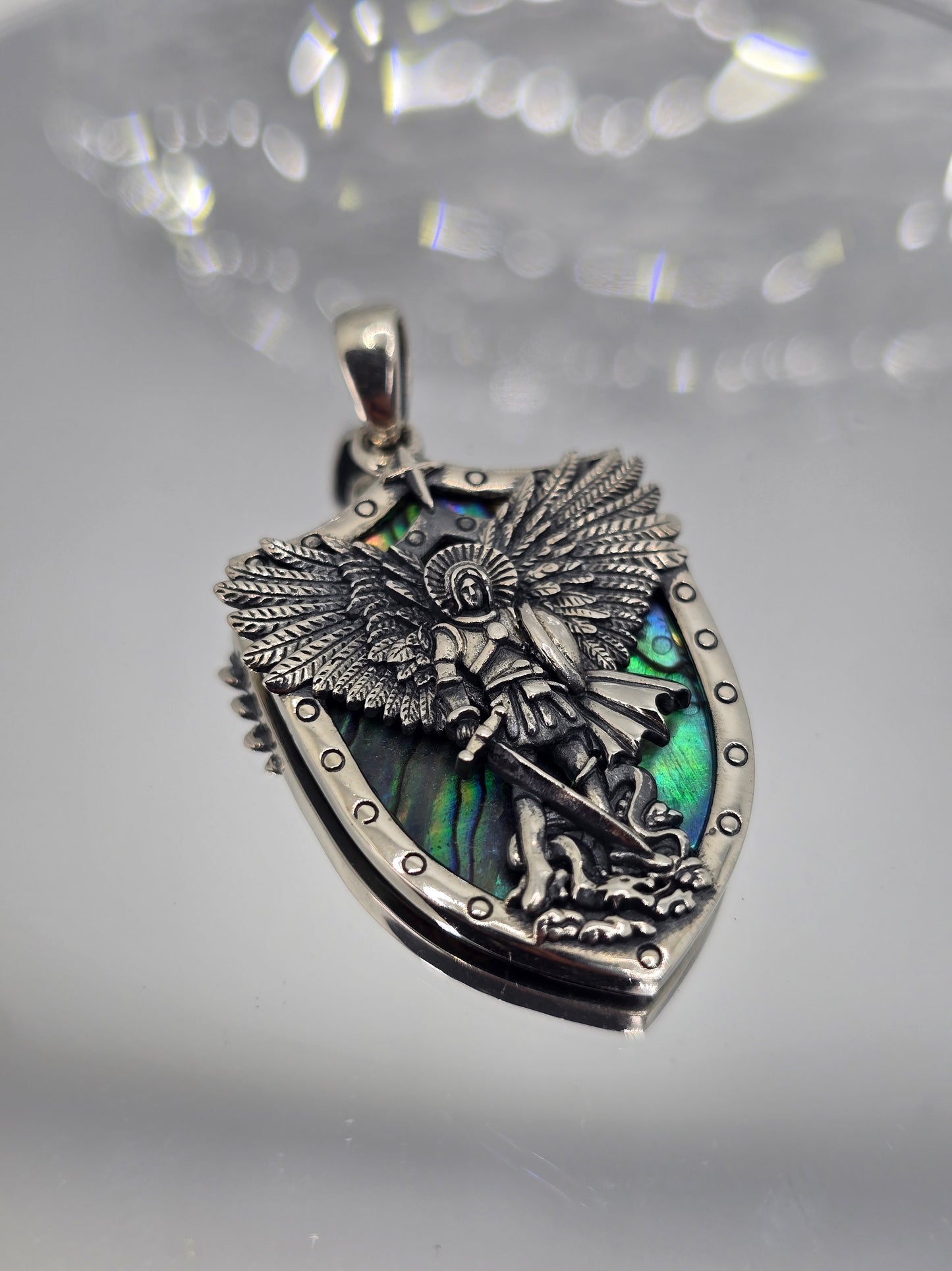 Saint Michael Archangel 925 Sterling Silver Abalone Shell Angel Catholic Pendant