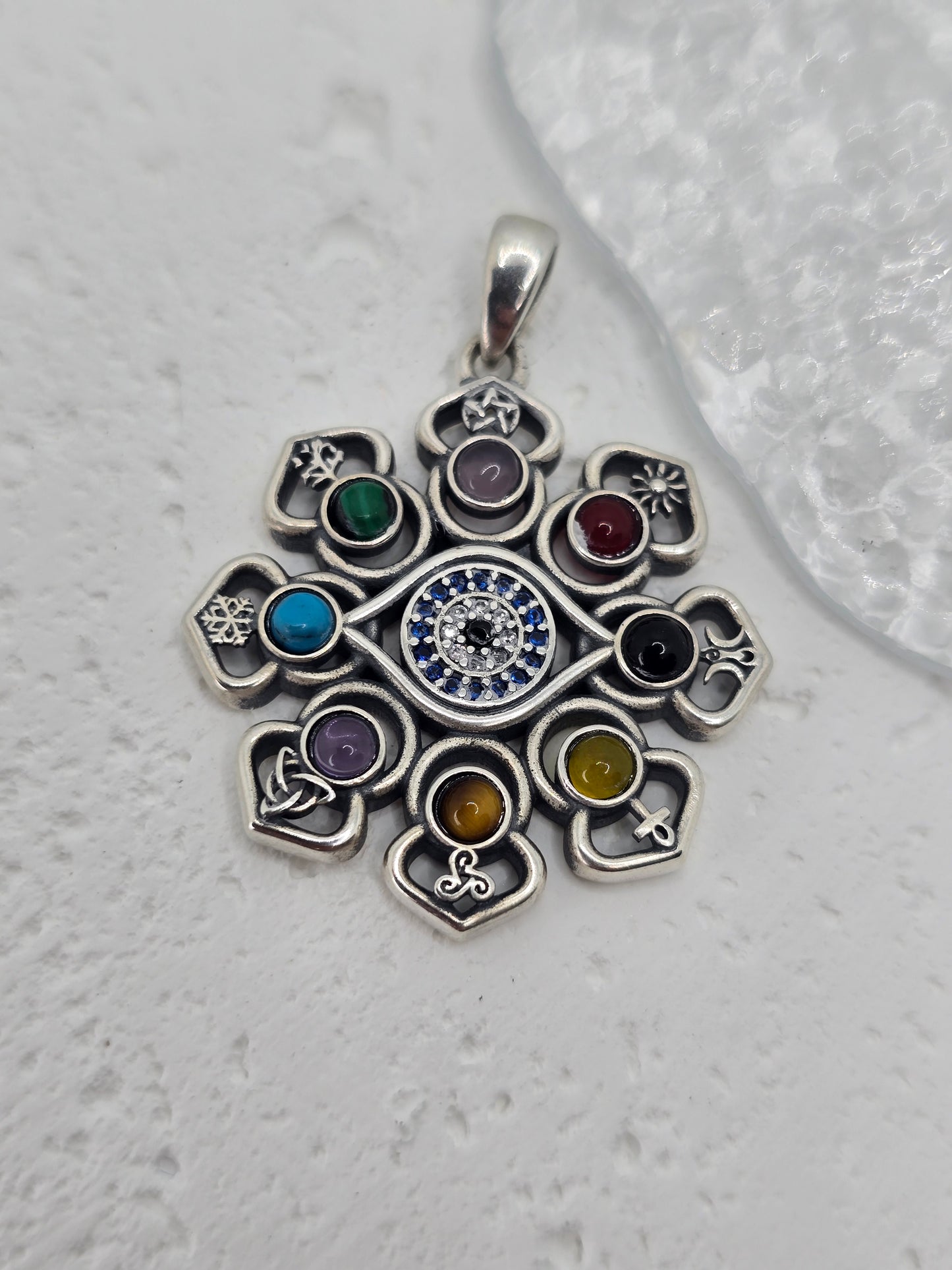 Hecate Lotus Evil Eye Pentagram 925 Sterling Silver Pendant Wiccan Multi-Gem