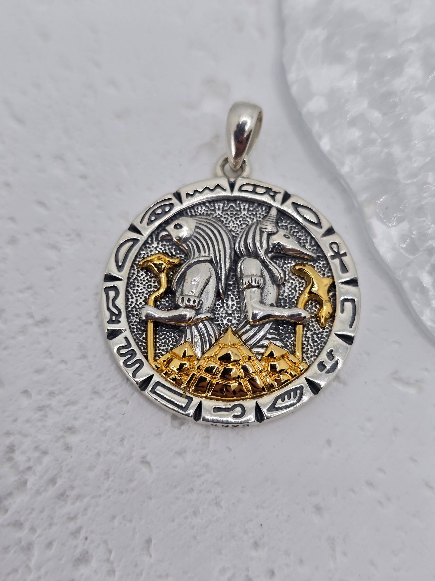 Anubis Amulet 925 Sterling Silver Gold Tone Pyramid Hieroglyph Egyptian Pendant