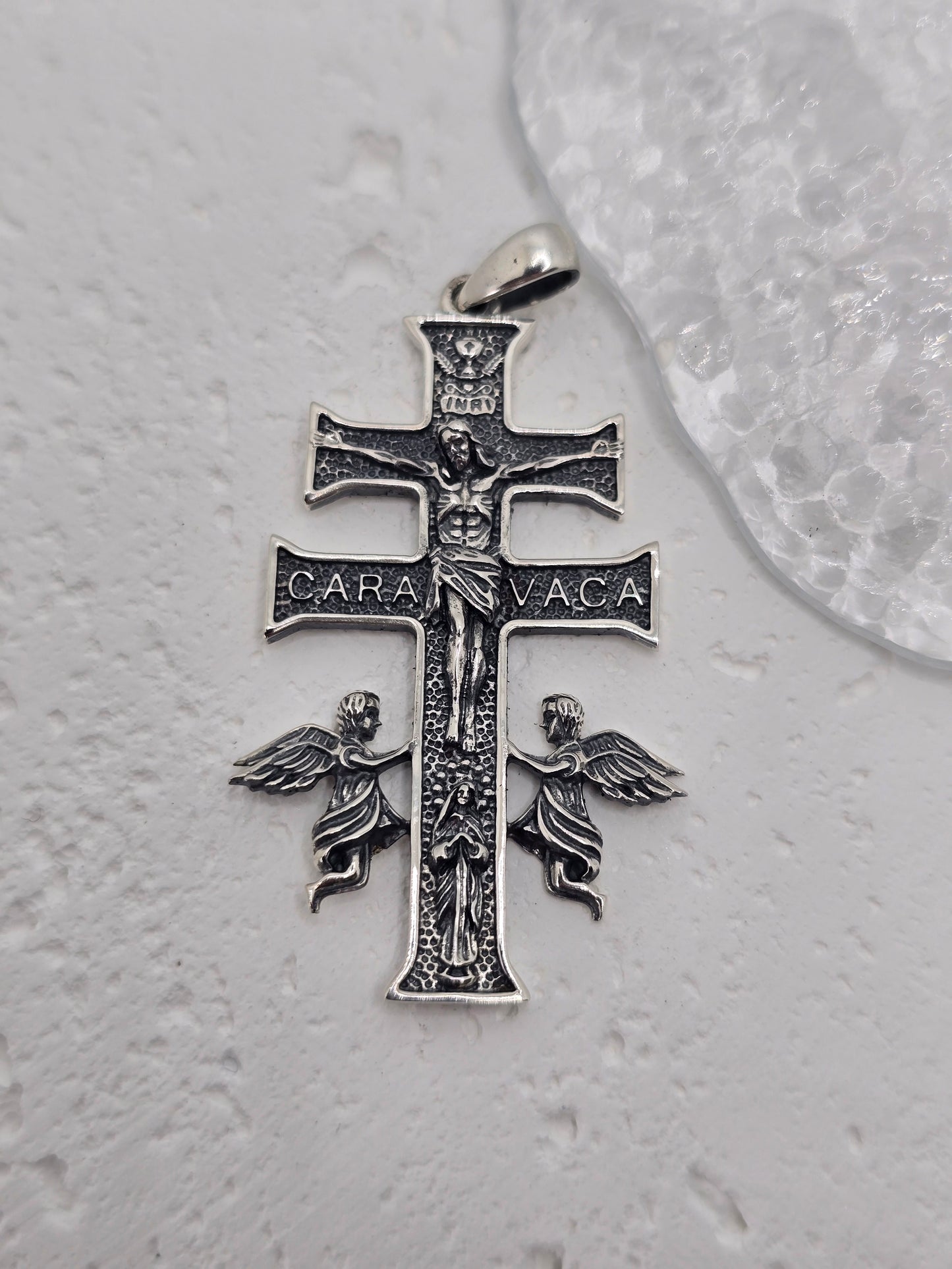 Caravaca Cross 925 Sterling Silver Pendant awith Angels Catholic Religious Amulet
