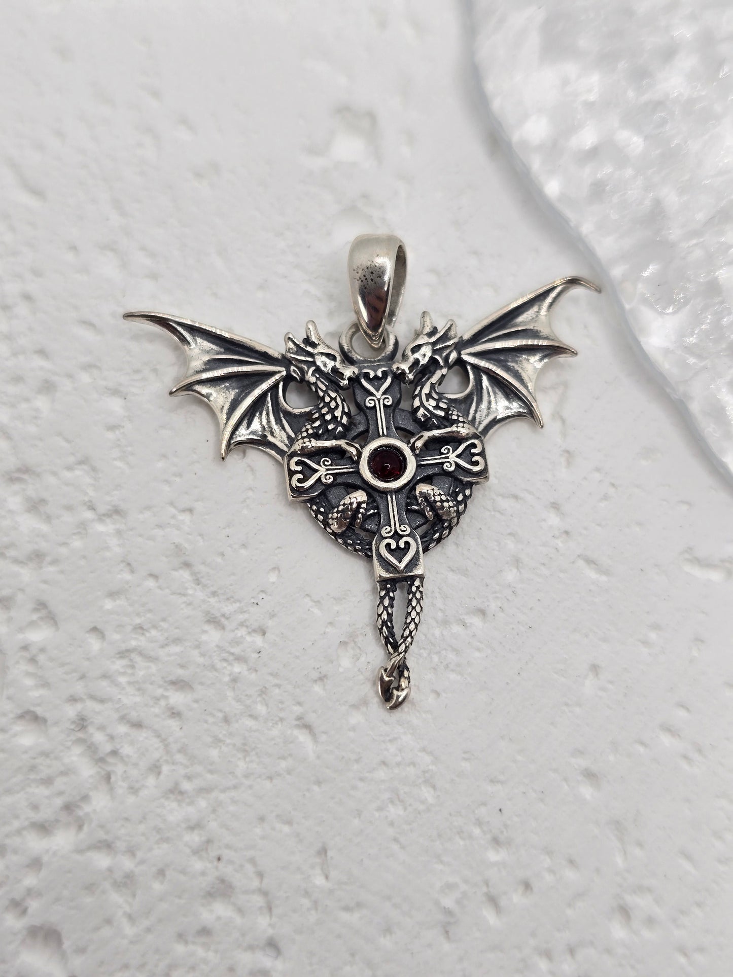 Viking Dragon Cross 925 Sterling Silver Red Gem Pendant Gothic Amulet