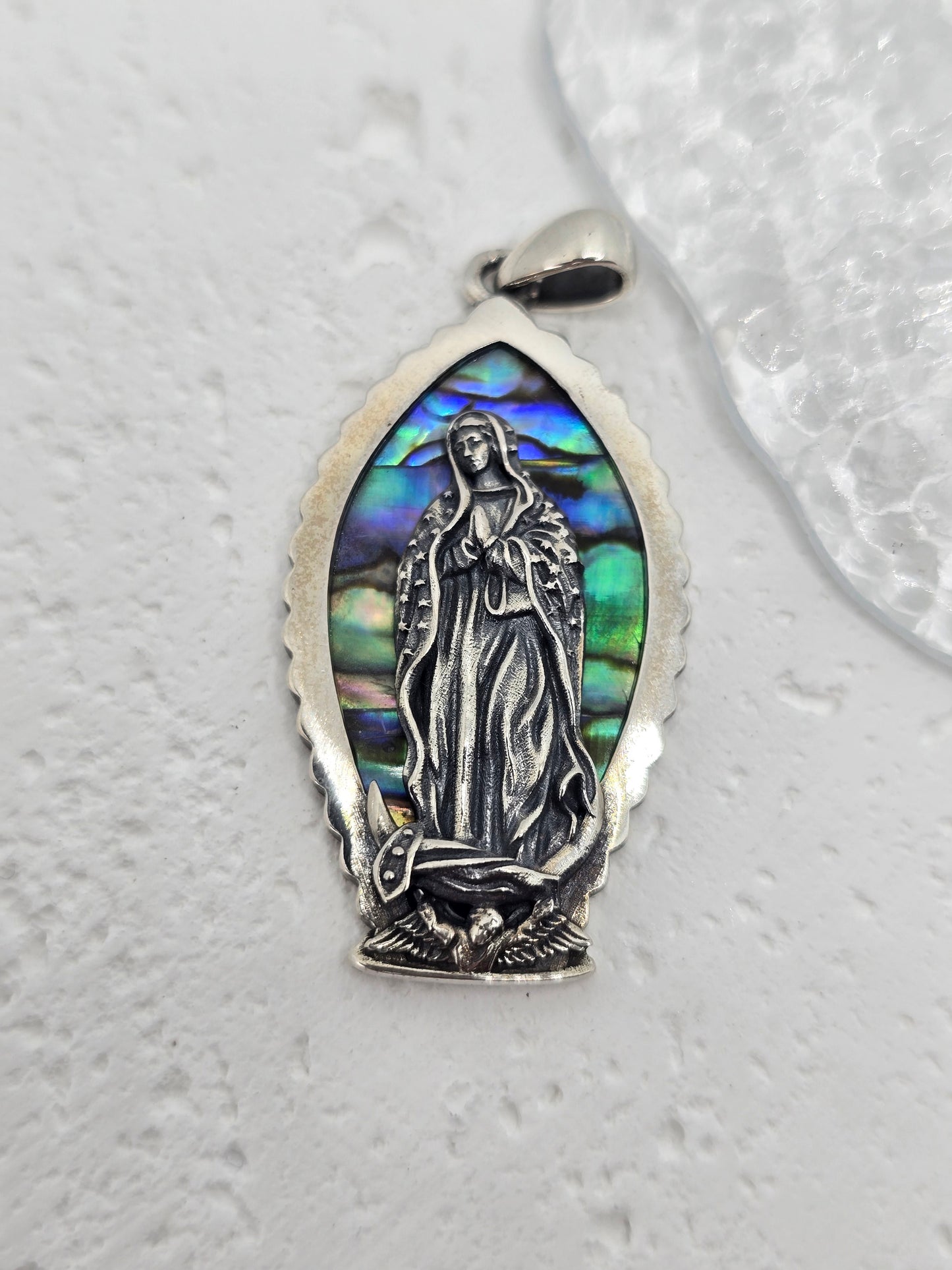 Virgin Mary Abalone Shell Pendant Religious Amulet 925 Sterling Silver Jeweller