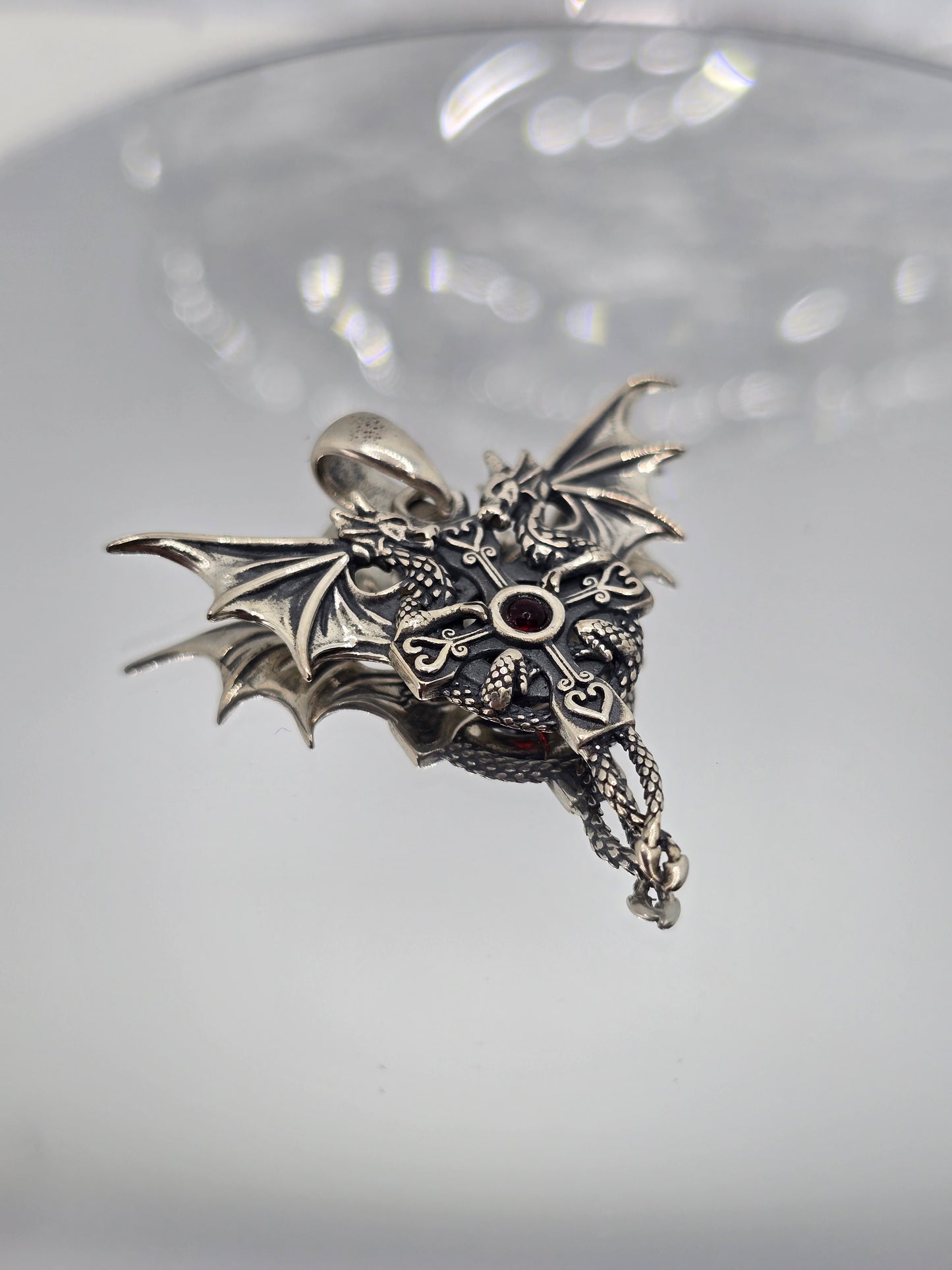 Viking Dragon Cross 925 Sterling Silver Red Gem Pendant Gothic Amulet