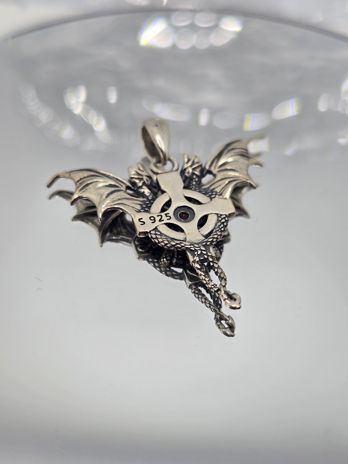 Viking Dragon Cross 925 Sterling Silver Red Gem Pendant Gothic Amulet