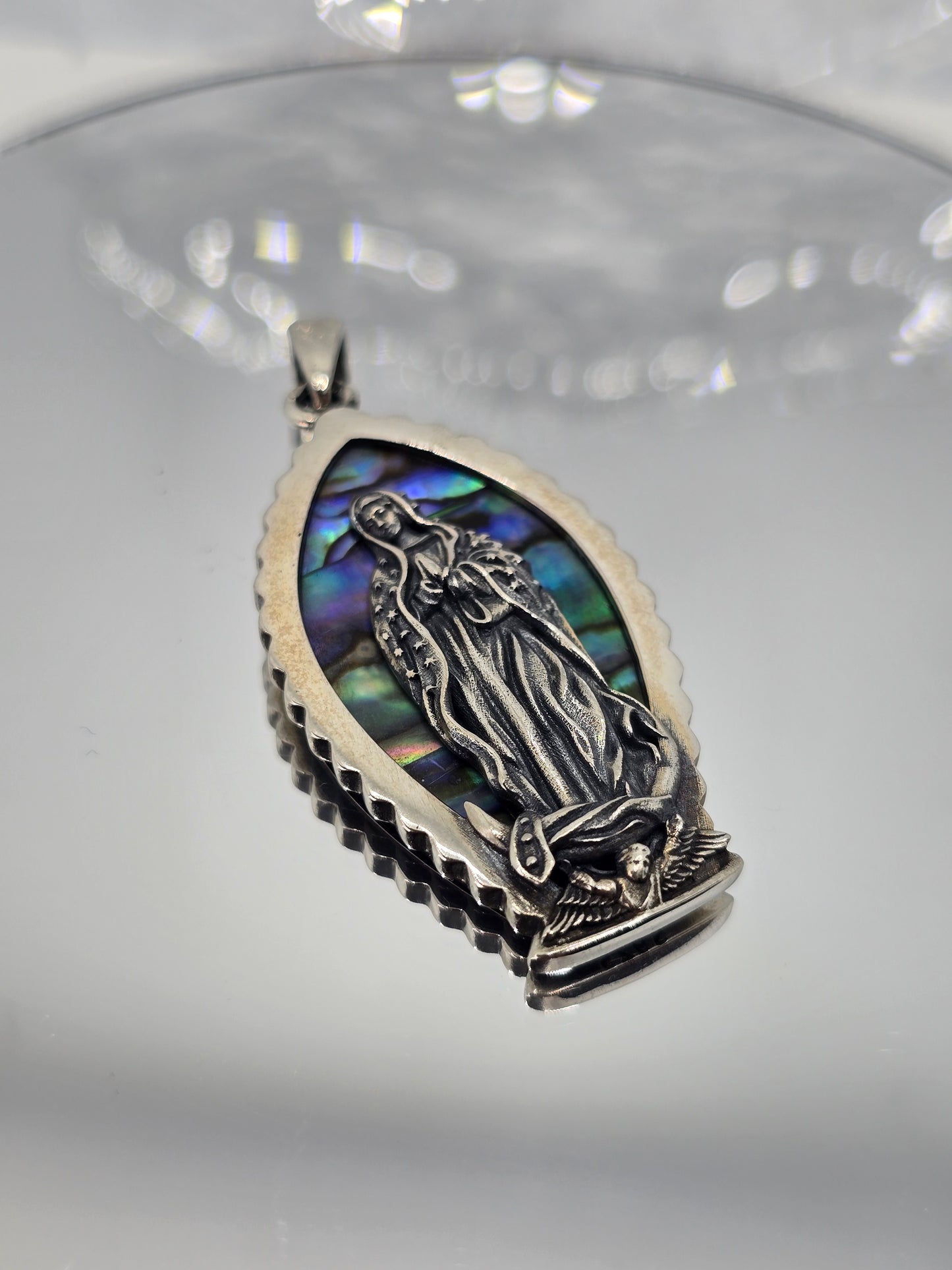 Virgin Mary Abalone Shell Pendant Religious Amulet 925 Sterling Silver Jeweller