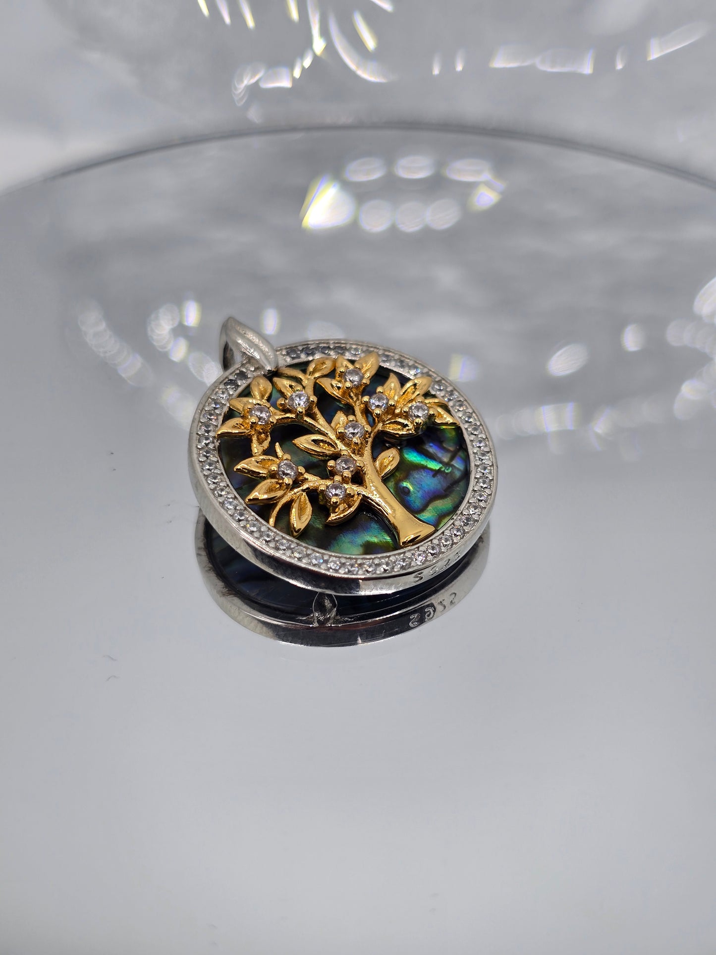 Tree of Life Charm 925 Sterling Silver Abalone Shell Gold-Tone Halo Pendant
