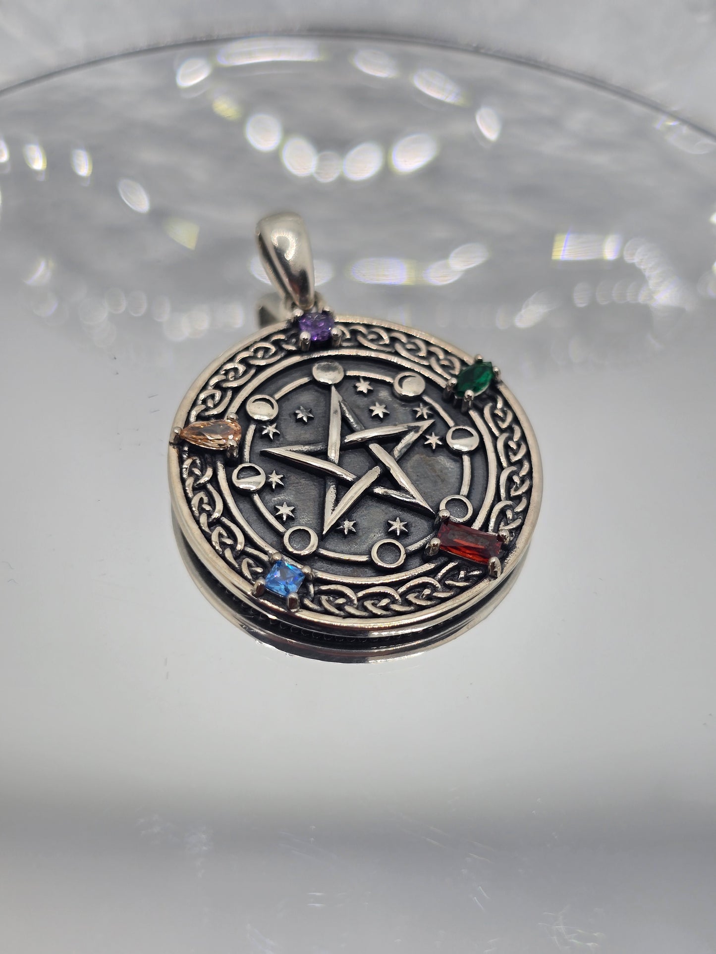 Pentagram Cosmic Cycle 925 Sterling Silver Chakra Gemstone Lunar Phases Pendant