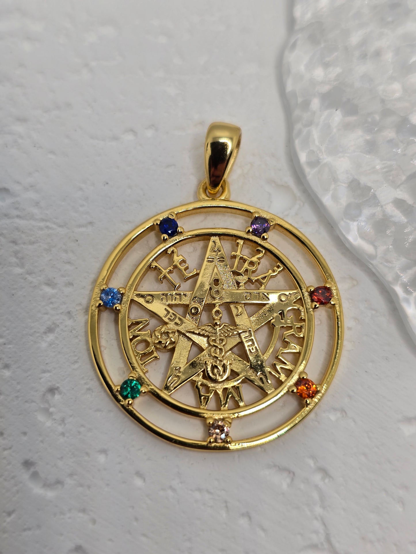 Tetragrammaton Pentagram 925 Sterling Silver 7 Chakra 18K Gold Plated Pendant