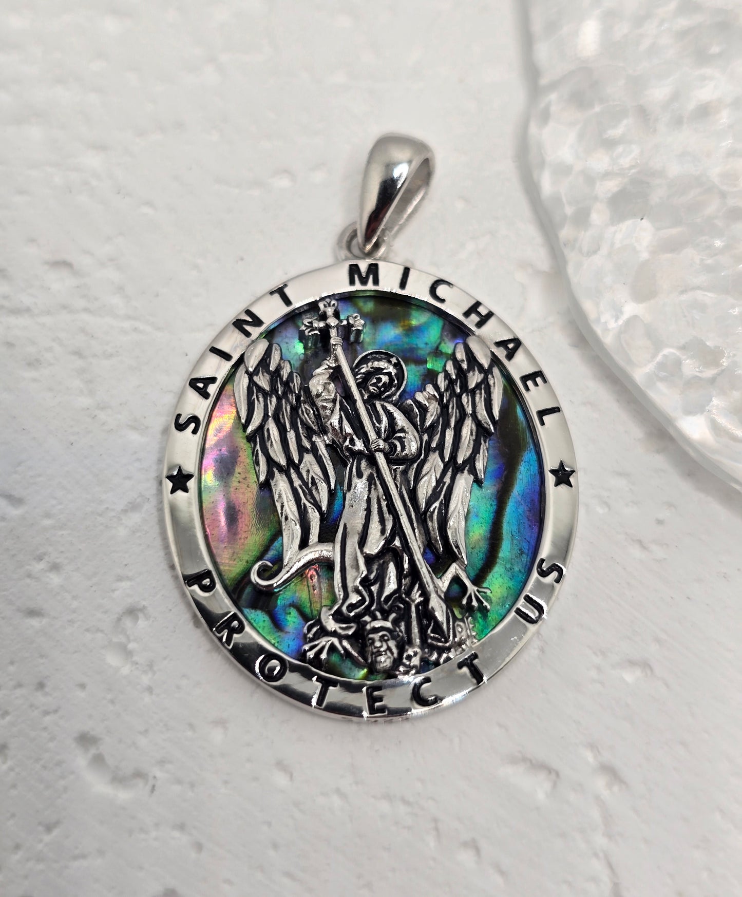 Saint Michael Archangel 925 Sterling Silver Abalone Shell Catholic Pendant