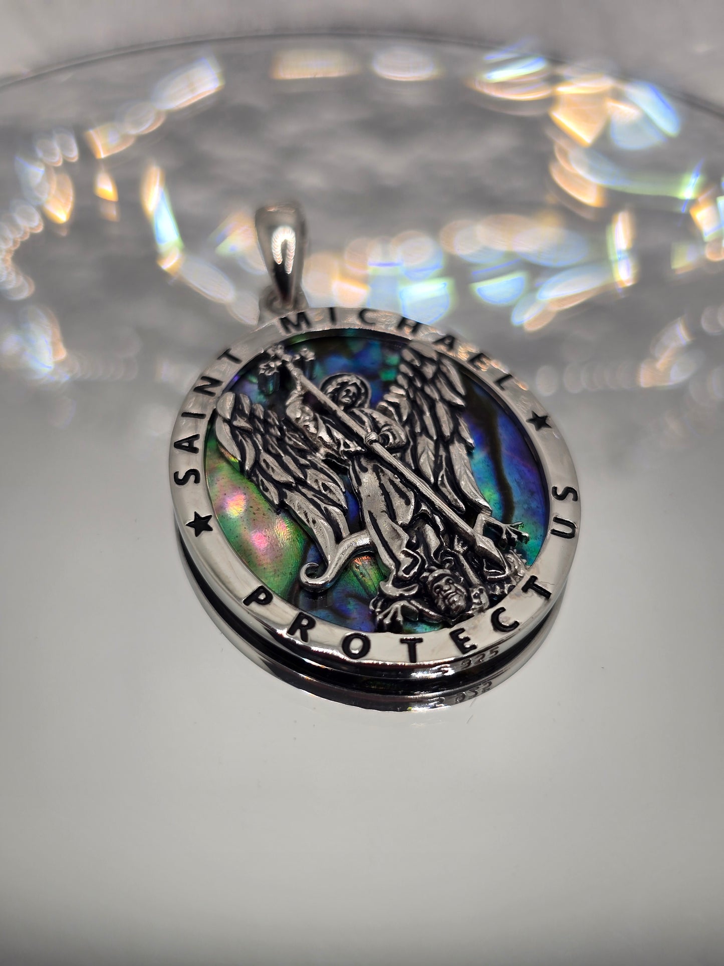 Saint Michael Archangel 925 Sterling Silver Abalone Shell Catholic Pendant