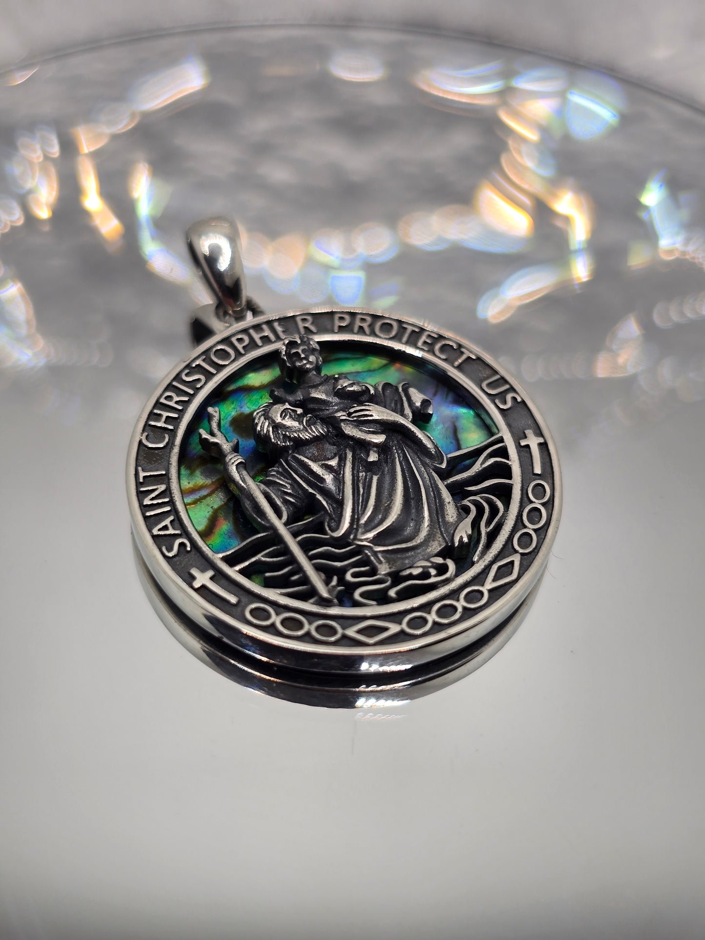 Saint Christopher 925 Sterling Silver Abalone Shell Travel Protection Pendant