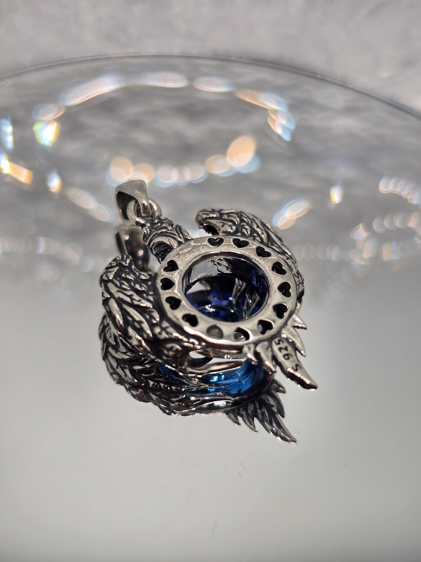 Eagle Wings 925 Sterling Silver Blue Austrian Crystal Amulet Pendant