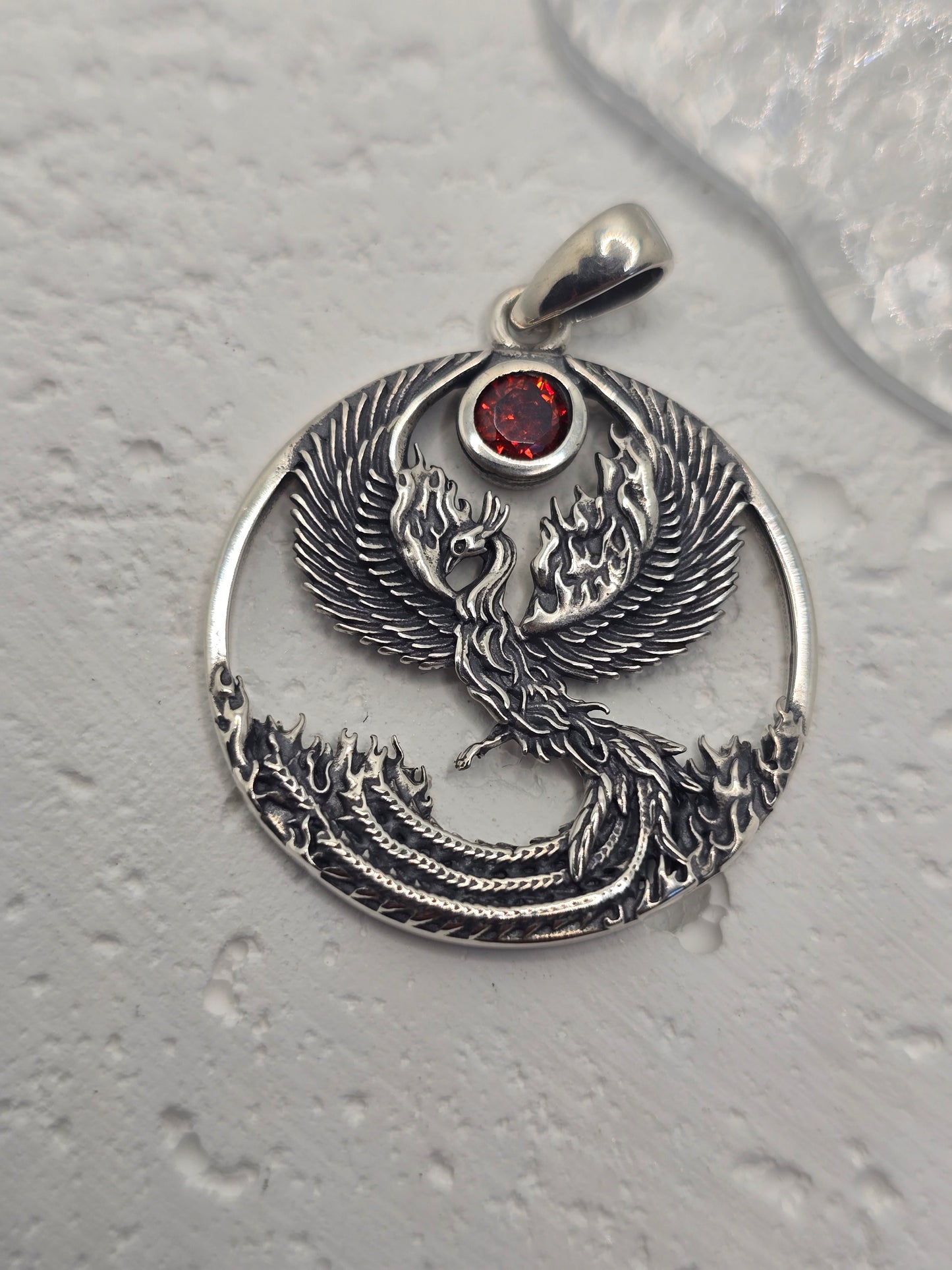 Phoenix Rising 925 Sterling Silver Pendant Natural Garnet Rebirth Talisman