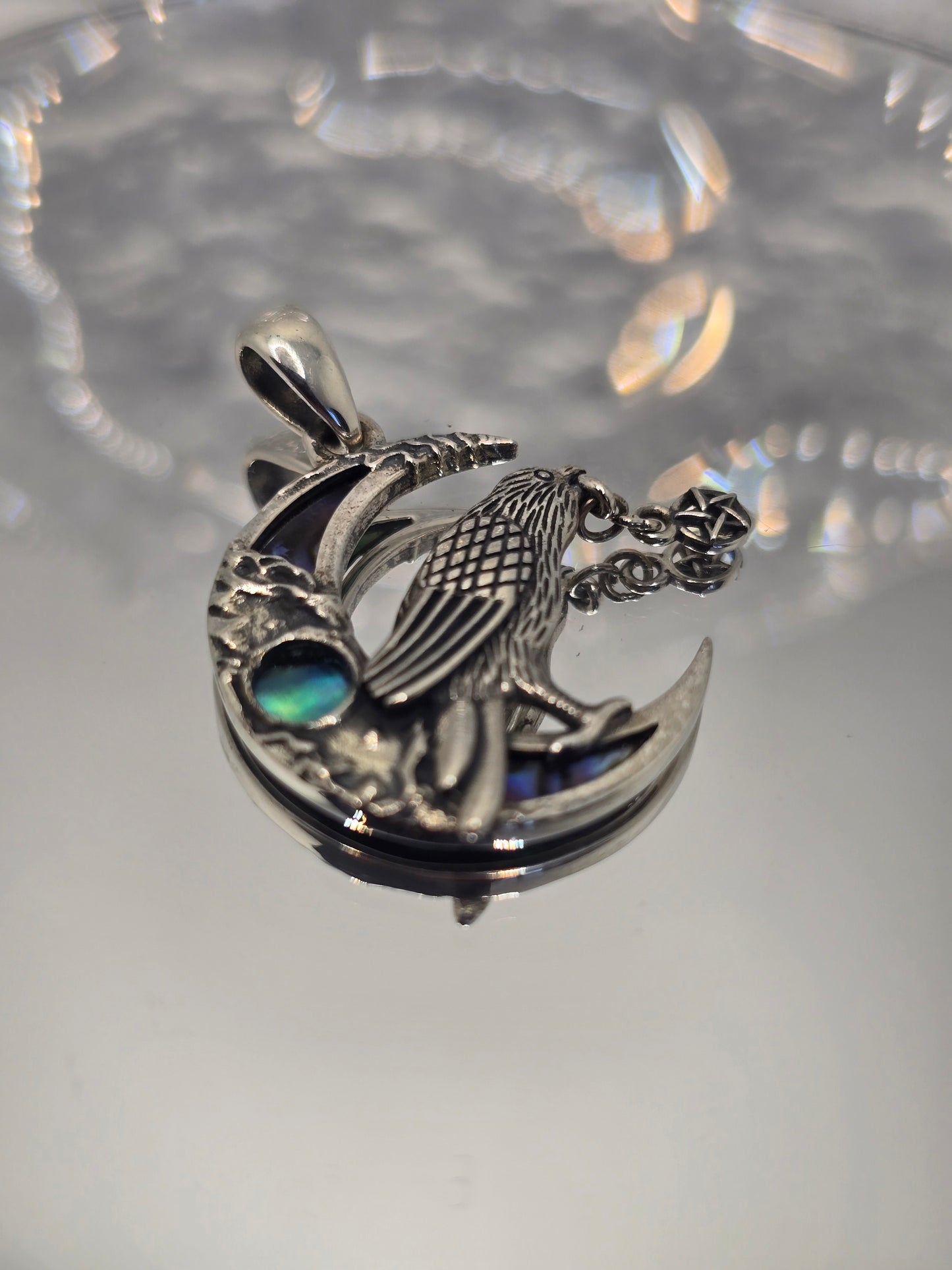Viking Raven Moon 925 Sterling Silver Abalone Pentagram Crescent Pendant