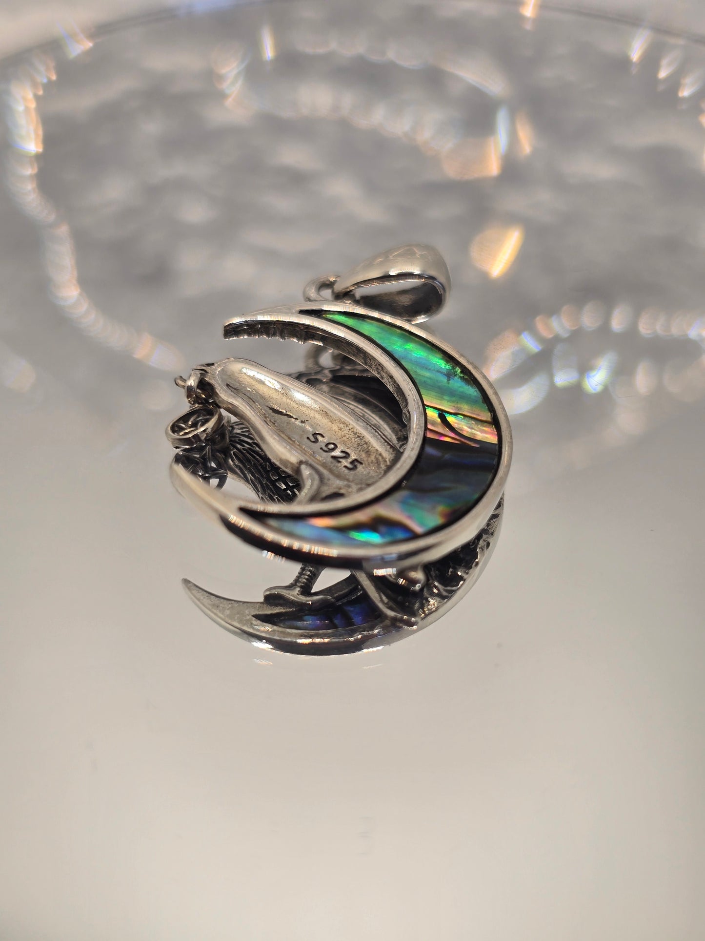 Viking Raven Moon 925 Sterling Silver Abalone Pentagram Crescent Pendant