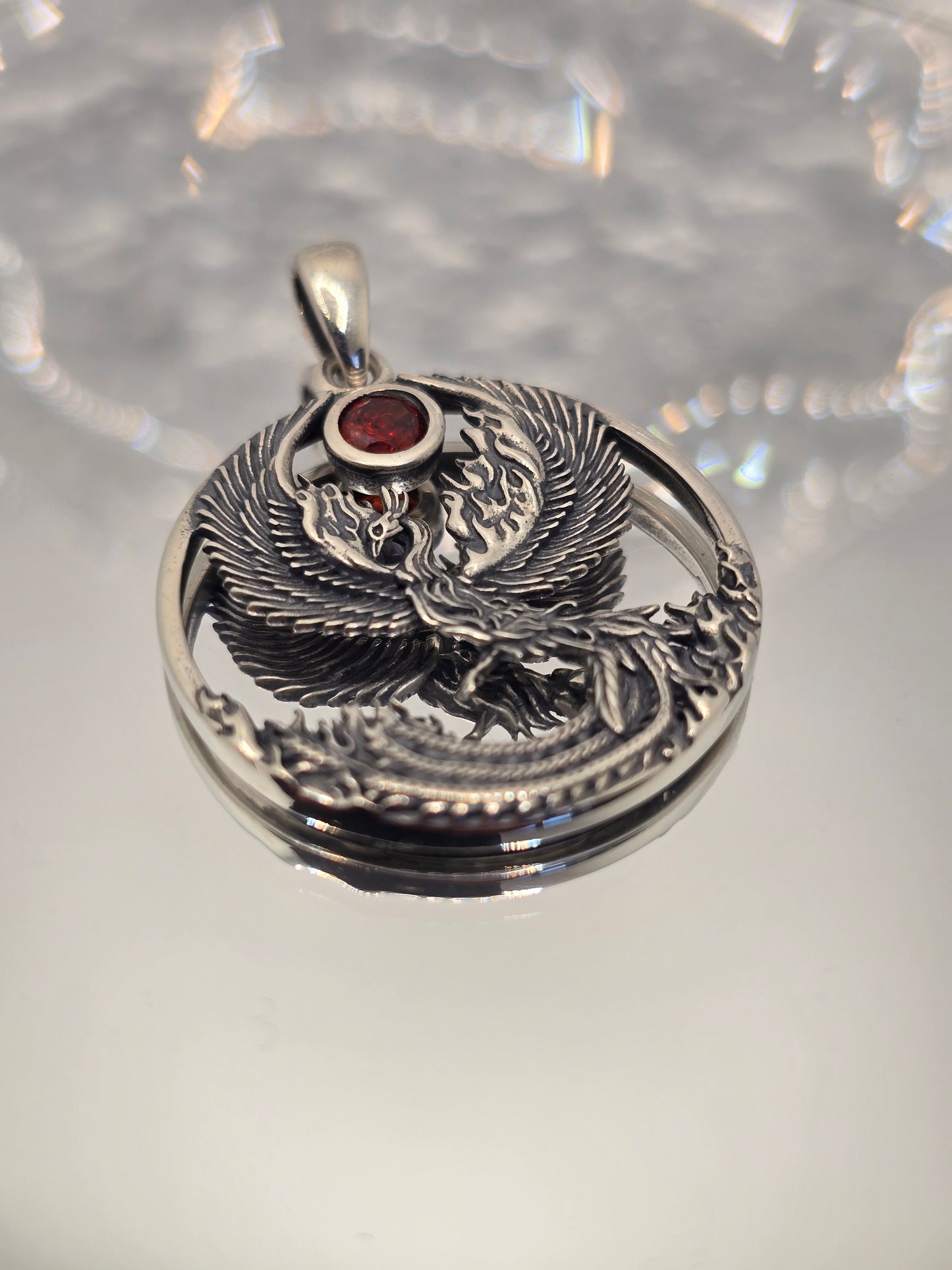Phoenix Rising 925 Sterling Silver Pendant Natural Garnet Rebirth Talisman