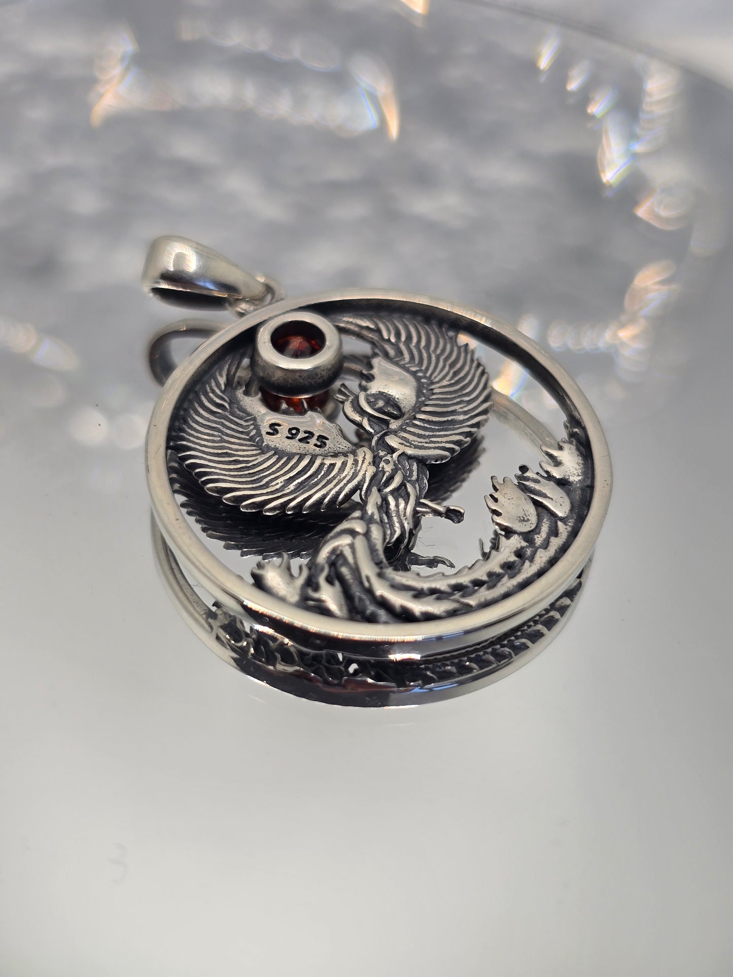 Phoenix Rising 925 Sterling Silver Pendant Natural Garnet Rebirth Talisman