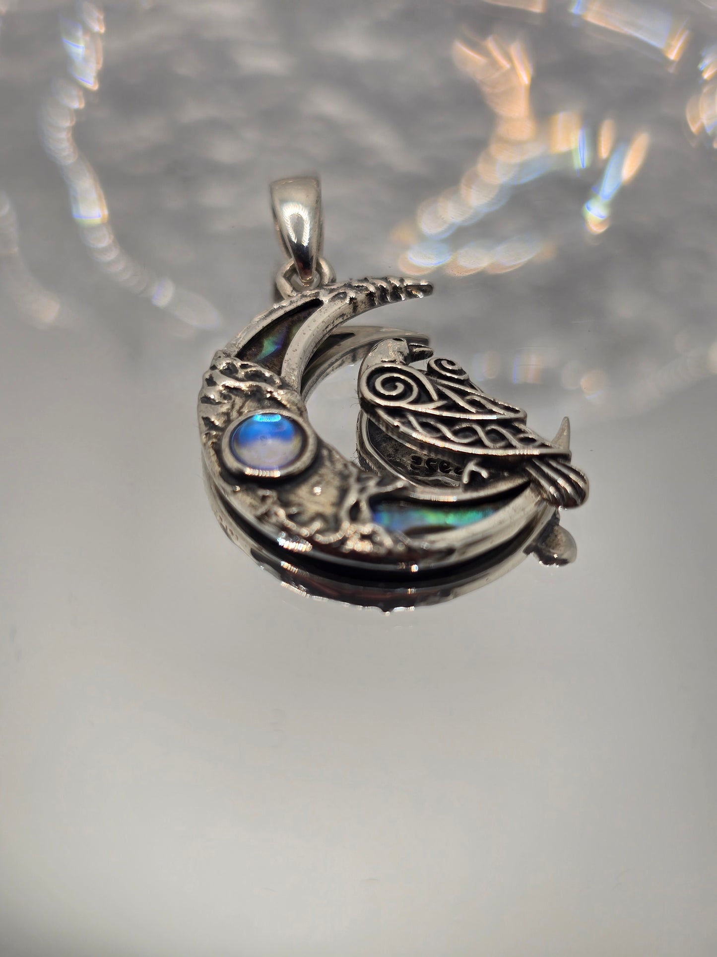 Celtic Raven 925 Sterling Silver Abalone Shell Moonstone Crescent Pendant