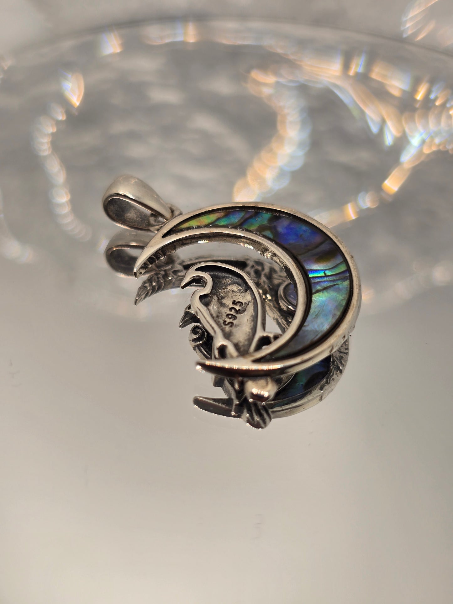 Celtic Raven 925 Sterling Silver Abalone Shell Moonstone Crescent Pendant