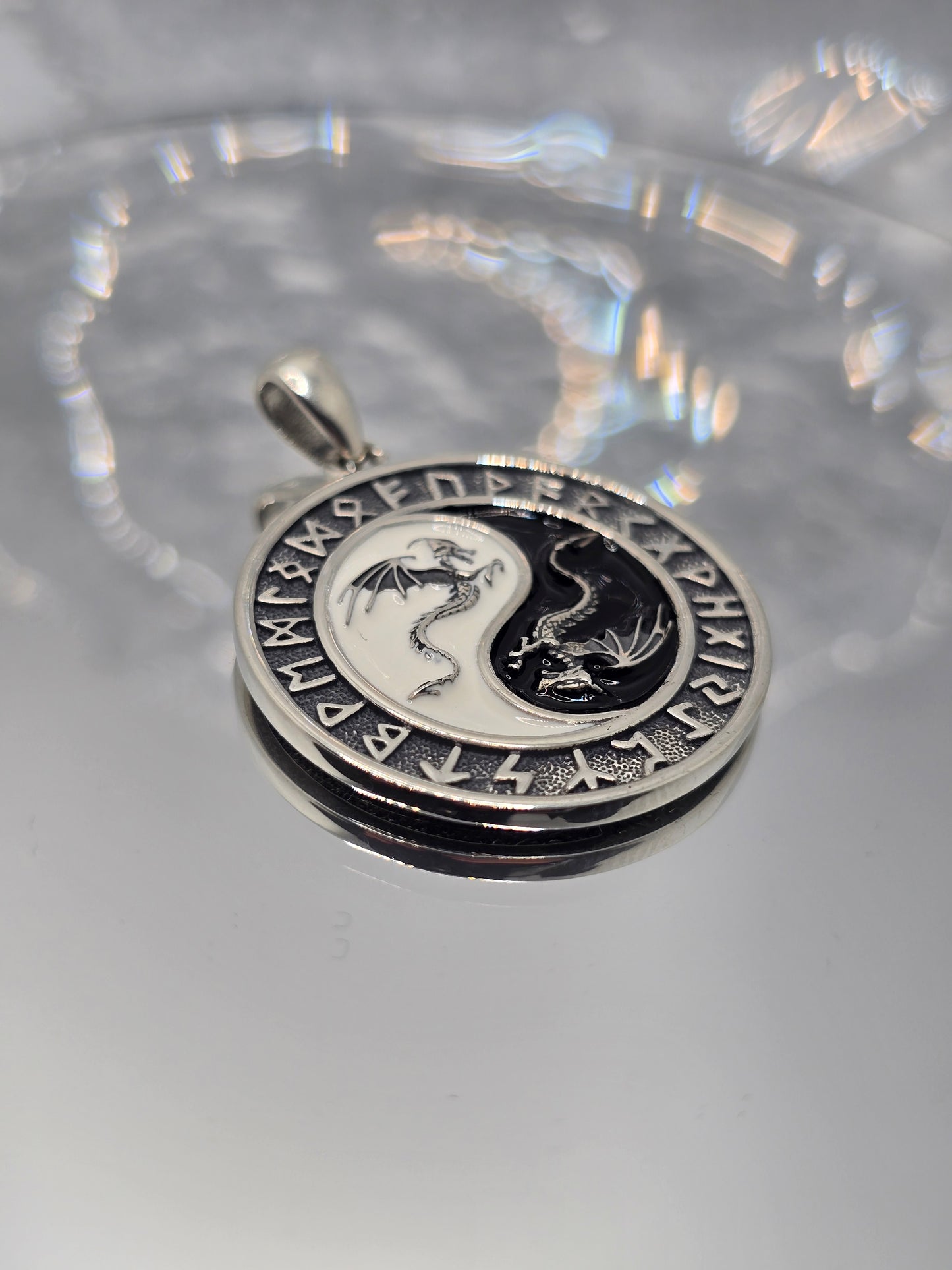 Yin Yang Dragon 925 Sterling Silver Norse Runes Pendant Balance Amulet