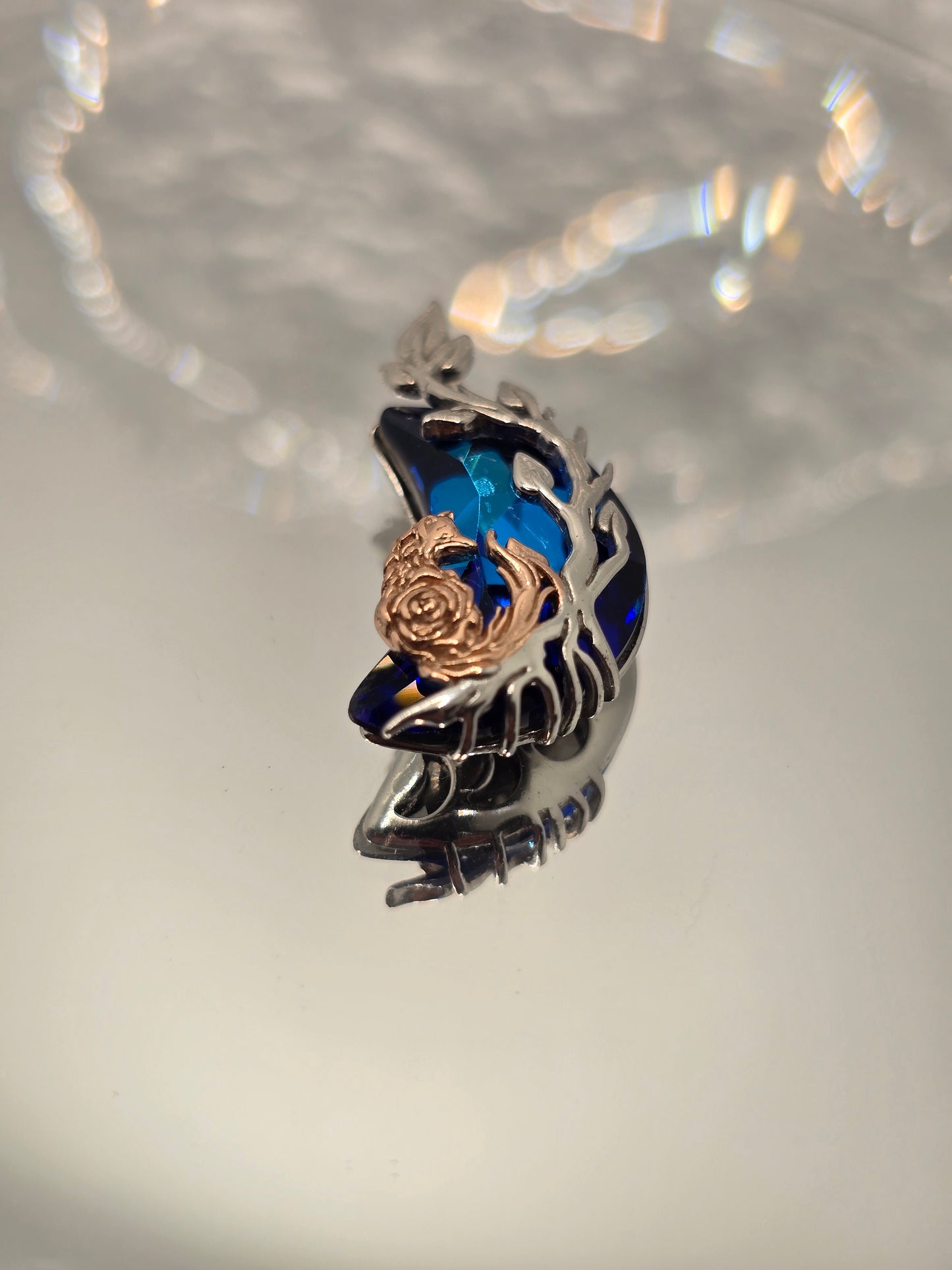 Moon Fox 925 Sterling Silver Blue Crystal Rose Gold Accents Crescent Pendant