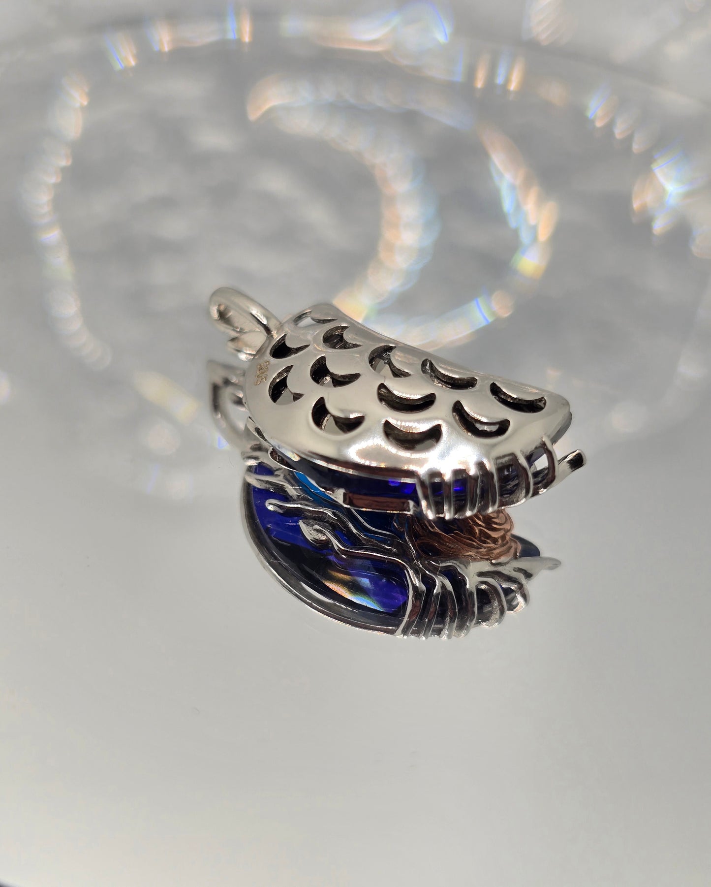 Moon Fox 925 Sterling Silver Blue Crystal Rose Gold Accents Crescent Pendant