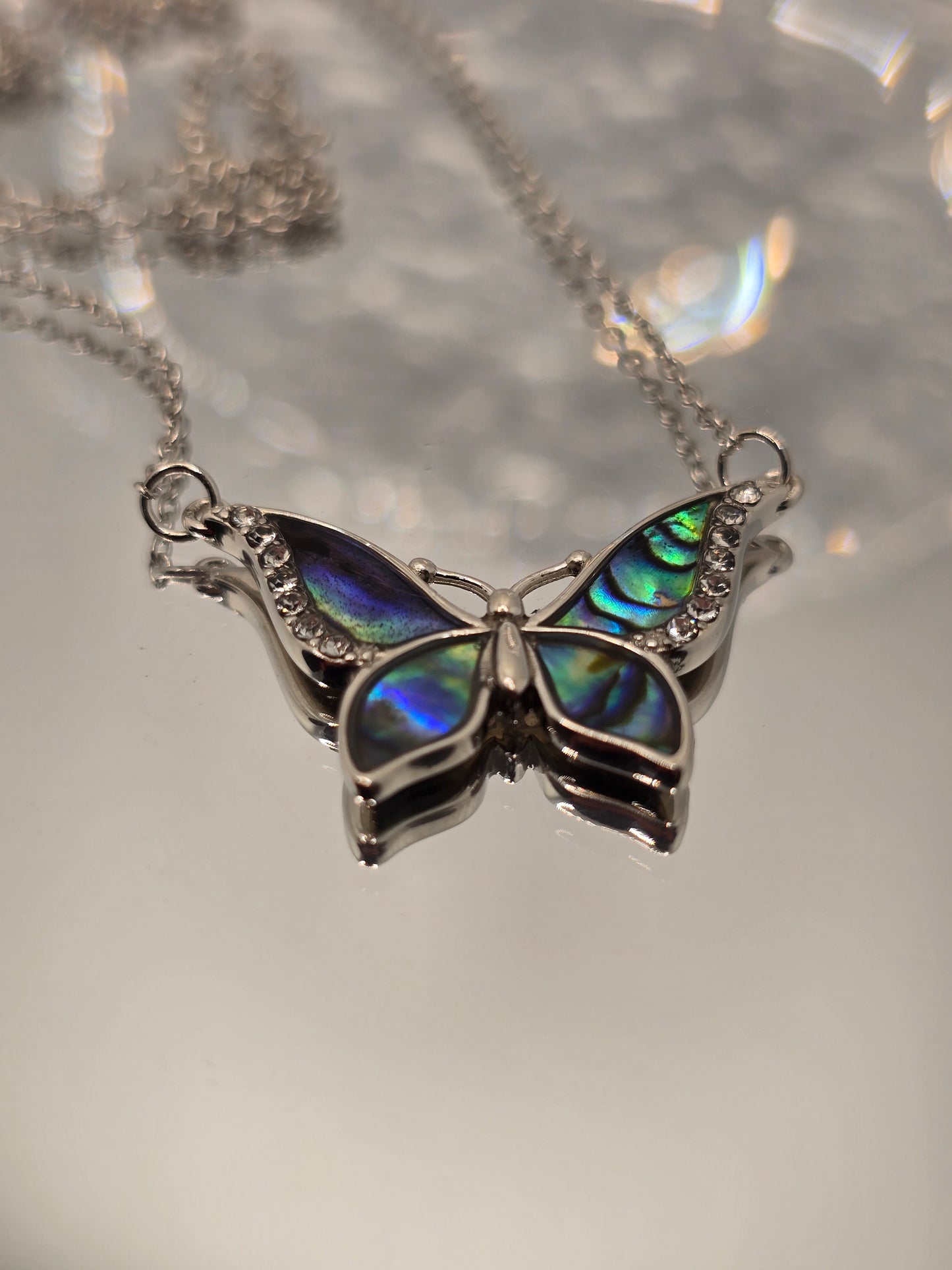 Blue Butterfly 925 Sterling Silver Abalone Shell Crystal Necklace 18 Inch Chain