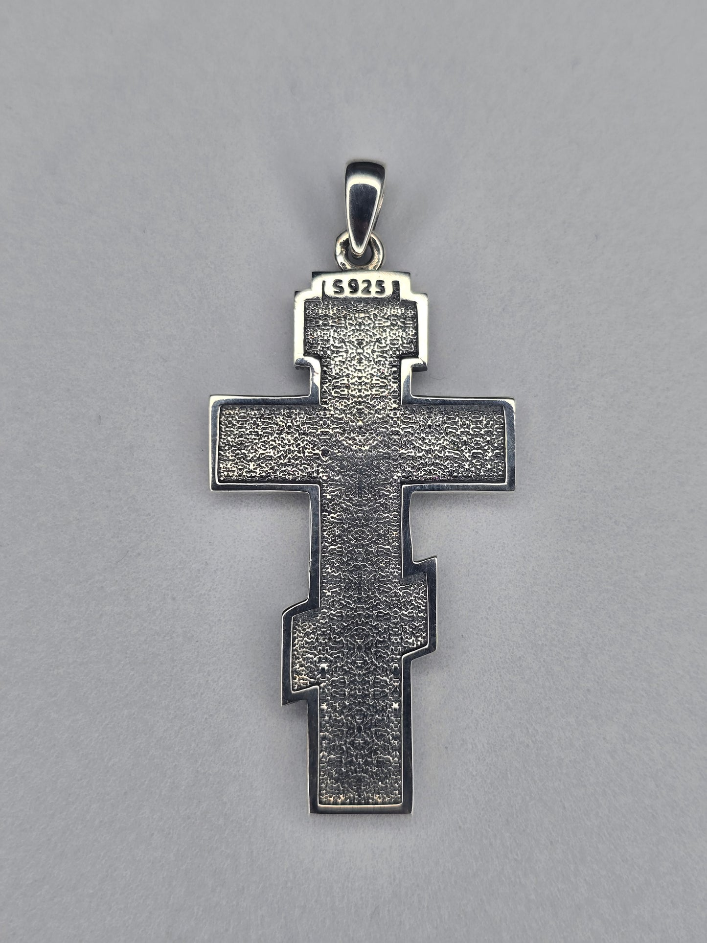 Back view of Orthodox crucifix cross pendant in 925 sterling silver with S925 hallmark