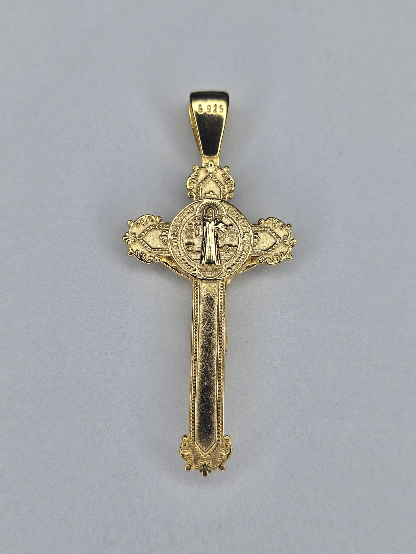 Back view of Saint Benedict crucifix showing medal relief and 925 hallmark on gold plated bail
