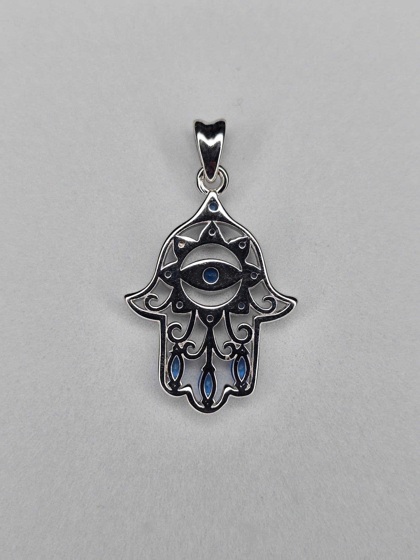 Hamsa-Hand-Anhänger mit blauem Böser-Auge-Kristall für Schutz und Glück, 925er Sterlingsilber