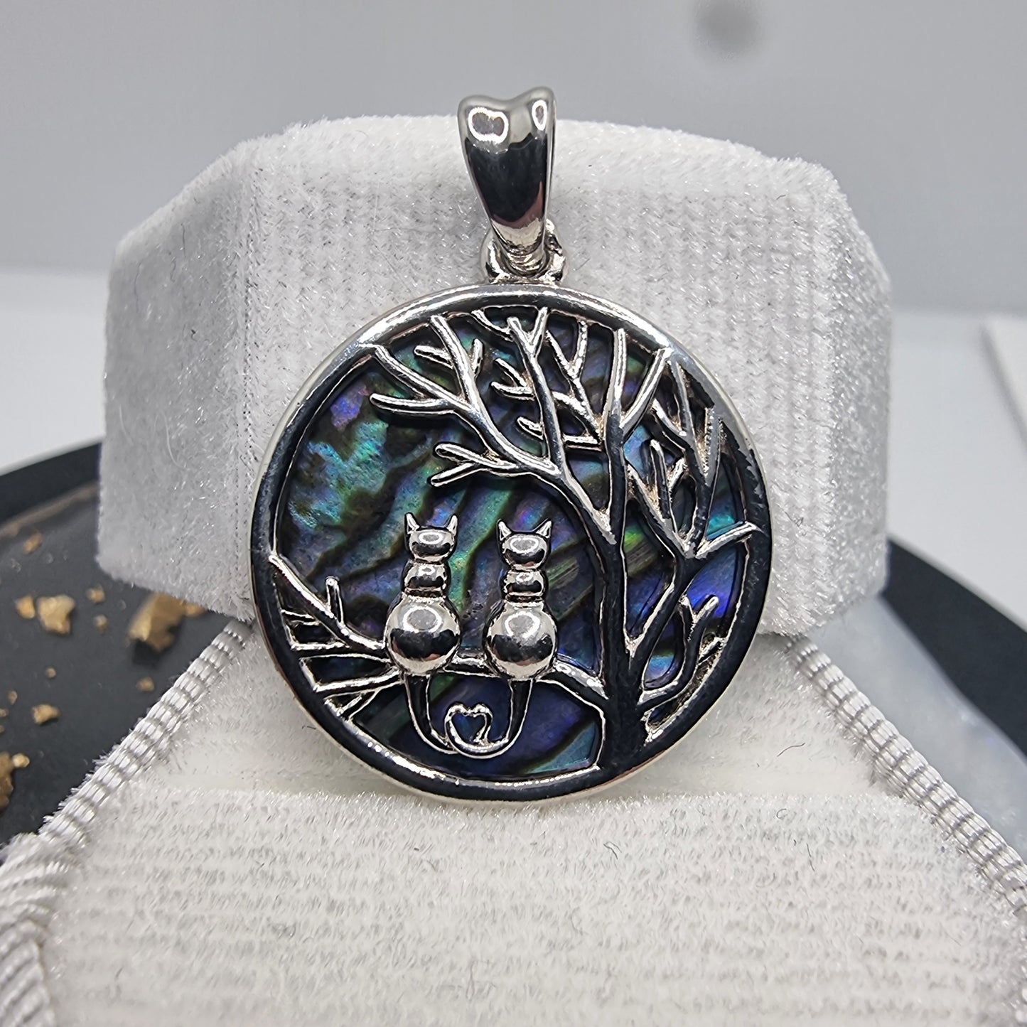 Tree of Life Pendant with Natural Abalone Shell and Cat 925 Sterling Silver Cat Lovers Jewelry