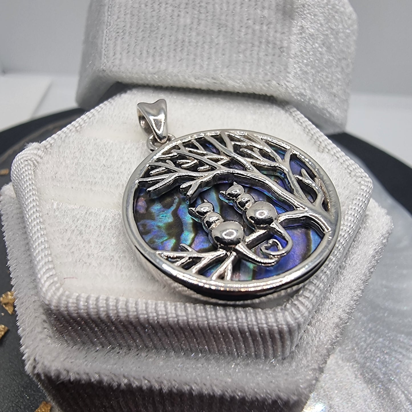 Tree of Life Pendant with Natural Abalone Shell and Cat 925 Sterling Silver Cat Lovers Jewelry